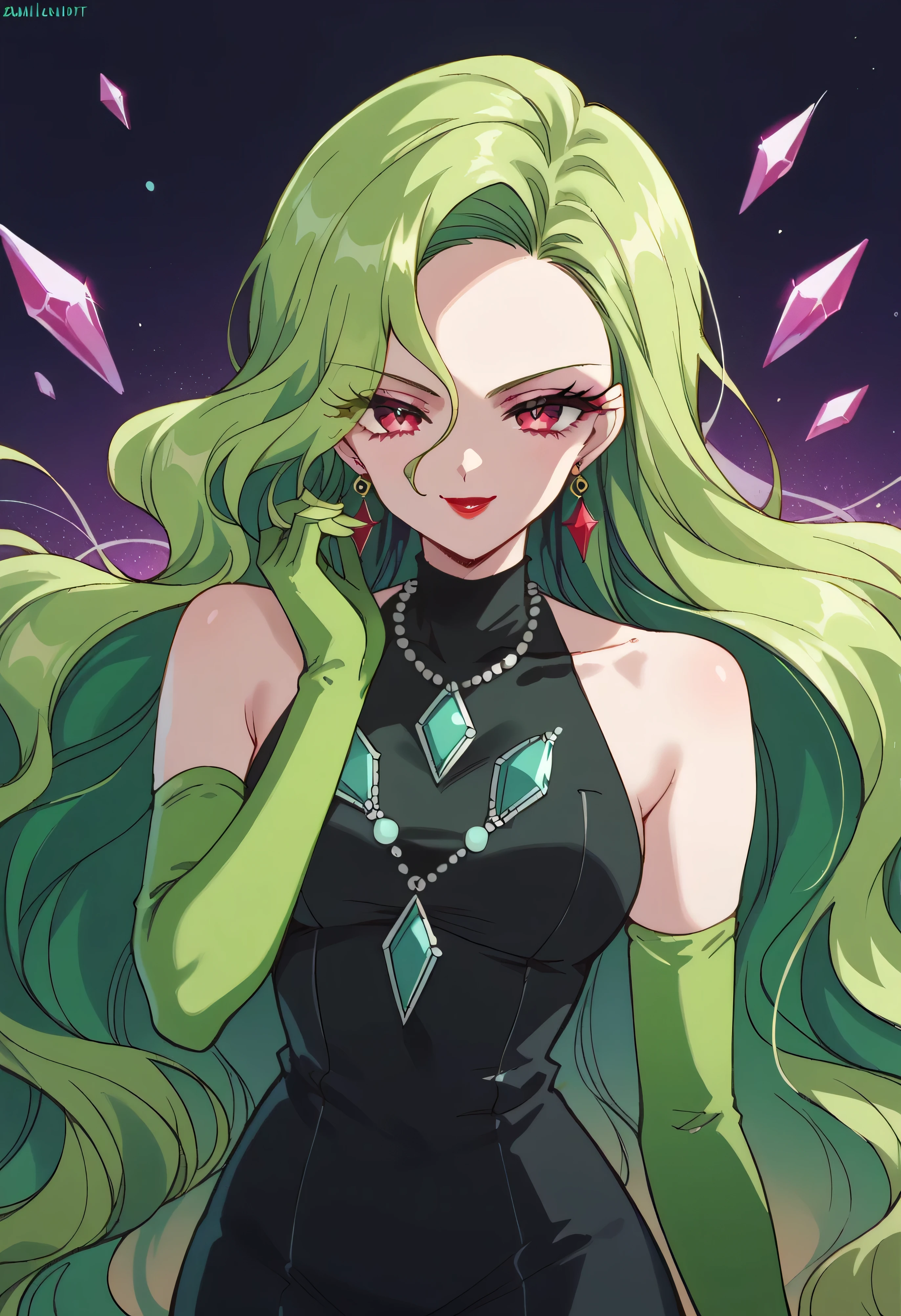 1 girl, cute face, green hair, very long hair, wavy hair, alone, gloves, red lipstick, makeup, elbow-length gloves, eye shadow, bare shoulders, black dress, gem necklace,purple crystal earrings, black mist background,very evil smug,Shaded face(eyes in shadow)