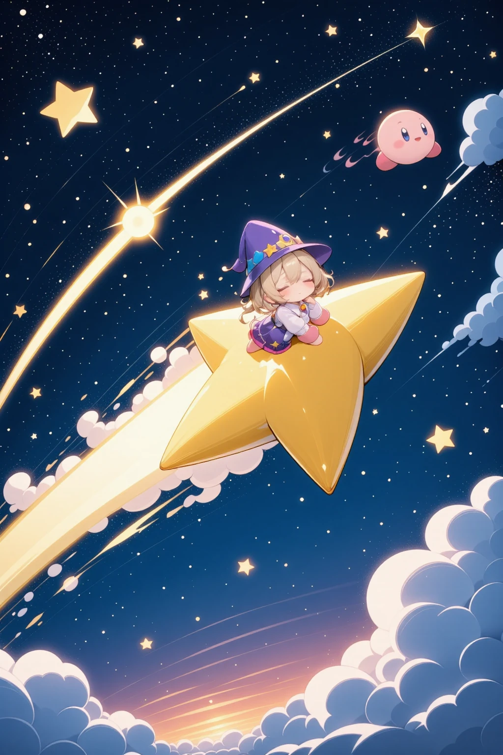 A Girl Who Rides on a Star,少女がカービィと shooting starに乗っている, Night Sky,  Tongari Hat, sparkle, Astronomical Observation,  shooting star, Shining starry sky,Clear air,nature, 