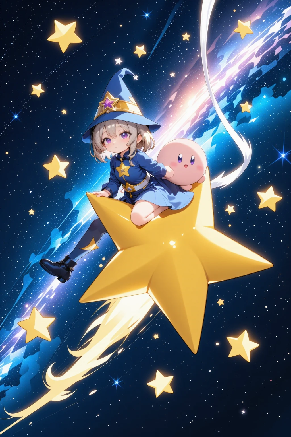A Girl Who Rides on a Star,少女がカービィと shooting starに乗っている, Night Sky,  Tongari Hat, sparkle, Astronomical Observation,  shooting star, Shining starry sky,Clear air,nature, 