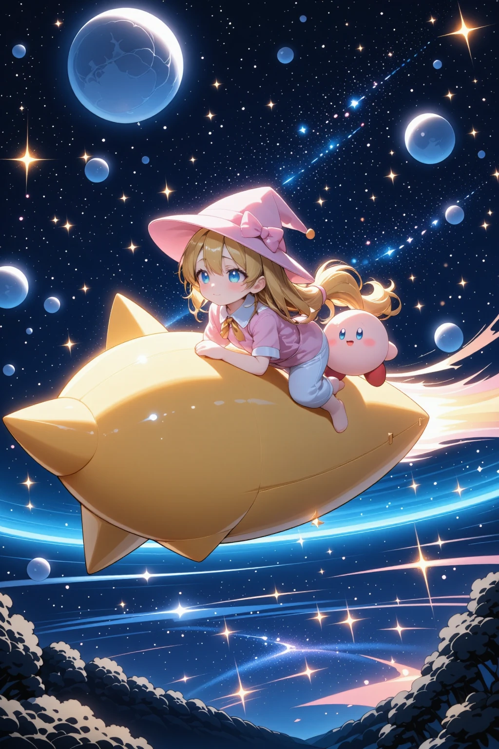 A Girl Who Rides on a Star,少女がカービィと shooting starに乗っている, Night Sky,  Tongari Hat, sparkle, Astronomical Observation,  shooting star, Shining starry sky,Clear air,nature, 