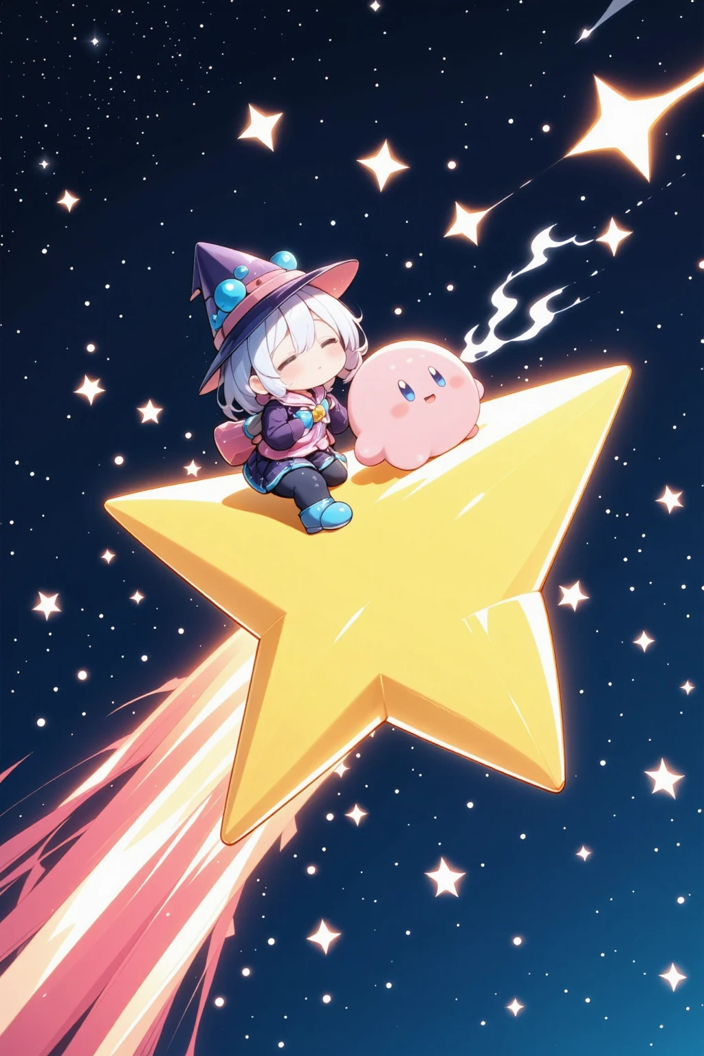 A Girl Who Rides on a Star,少女がカービィと shooting starに乗っている, Night Sky,  Tongari Hat, sparkle, Astronomical Observation,  shooting star, Shining starry sky,Clear air,nature, 