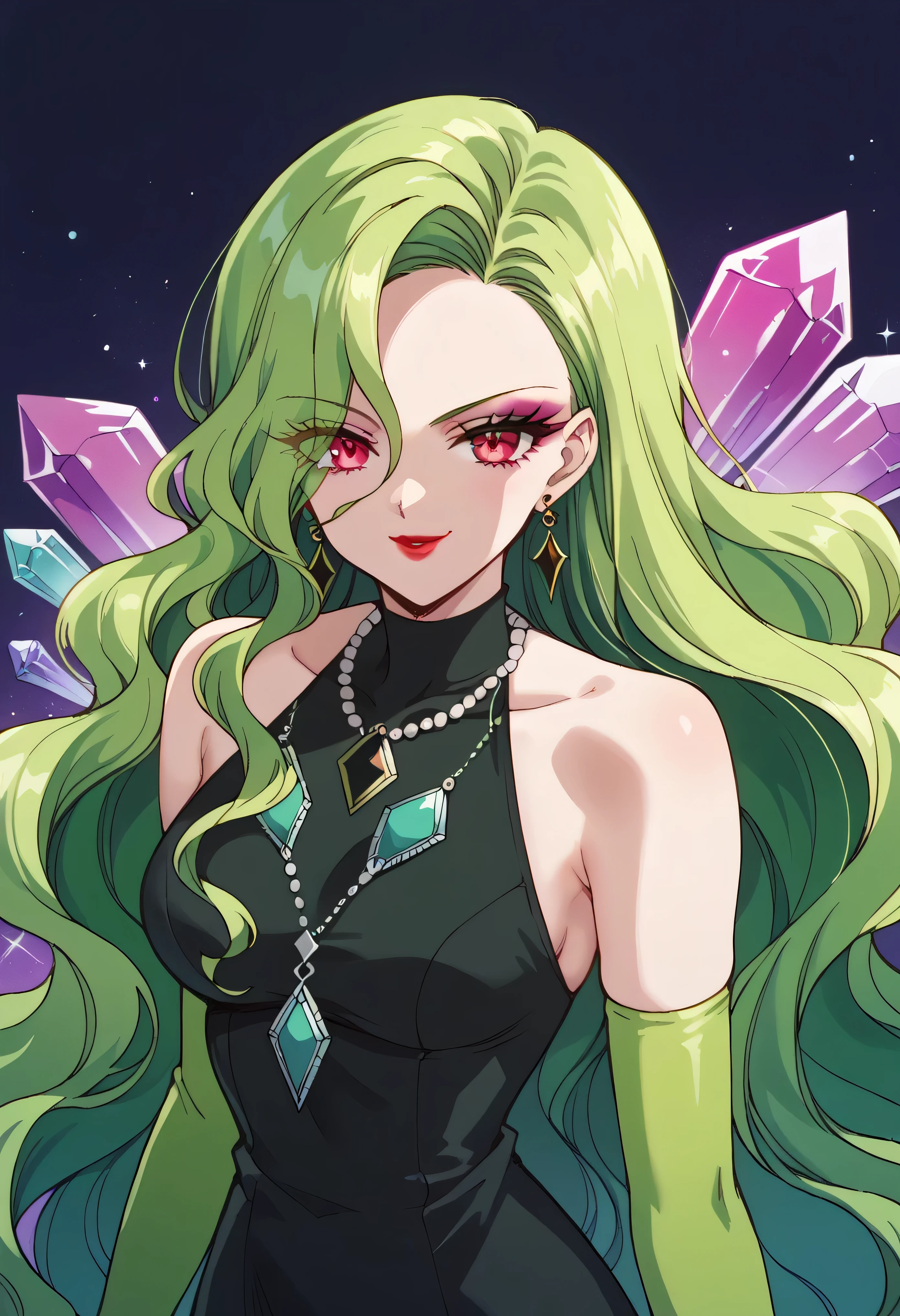 1 girl, cute face, green hair, very long hair, wavy hair, alone, gloves, red lipstick, makeup, elbow-length gloves, eye shadow, bare shoulders, black dress, gem necklace,purple crystal earrings, black mist background,very evil smug,Shaded face(eyes in shadow)