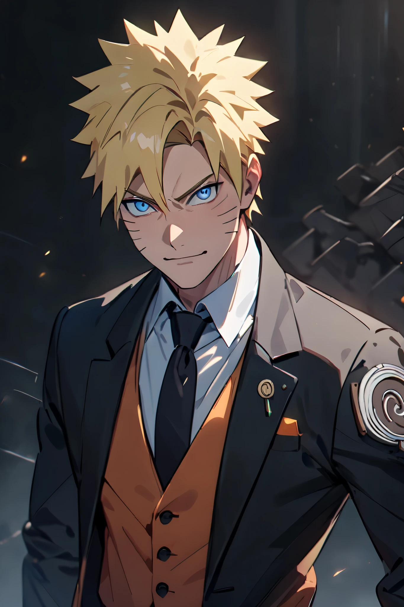 score_9, score_8_up, score_7_up, source_anime, detailed, wallpaper, beautiful details, naruto uzumaki, 1boy, looking at viewer, blonde hair, whisker markings, blue eyes. Looking mature and hot.round face,faint charismatic smile, 
Naruto in a dapper black suit looking at the viewer, confident, gentleman expression, posing charismatic, handsome and badass and sexy.with a cool black background. Masterpiece, Best Quality, Award Winning, UHD, Anime, Anime Style, Anatomically Correct, Best Quality, High Details, High Quality, 