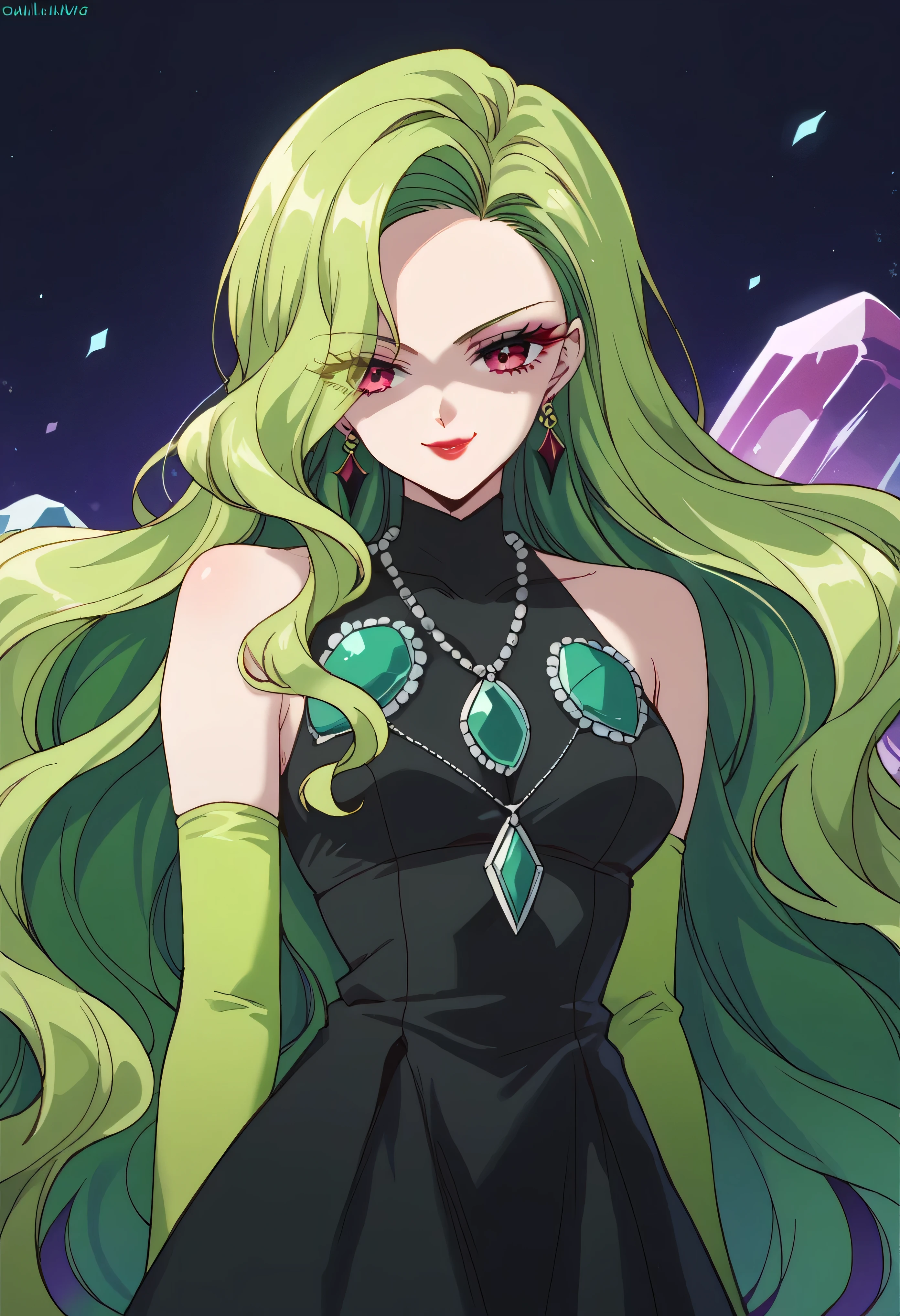 1 girl, cute face, green hair, very long hair, wavy hair, alone, gloves, red lipstick, makeup, elbow-length gloves, eye shadow, bare shoulders, black dress, gem necklace,purple crystal earrings, black mist background,very evil smug,Shaded face(eyes in shadow)