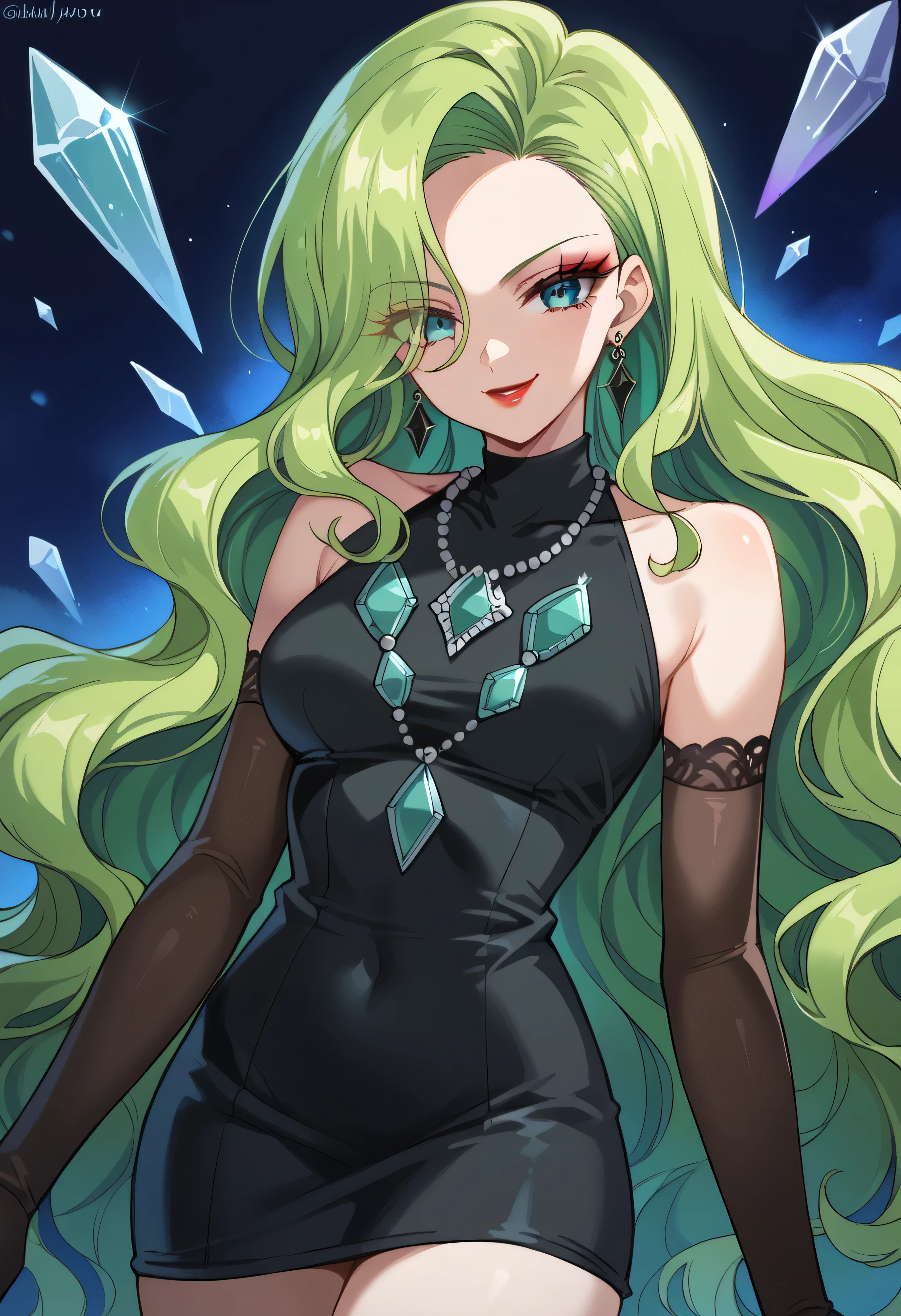 1 girl, cute face, green hair, very long hair, wavy hair, alone, gloves, red lipstick, makeup, elbow-length gloves, eye shadow, bare shoulders, black dress, gem necklace,purple crystal earrings, black mist background,very evil smug,Shaded face(eyes in shadow),dark aura,