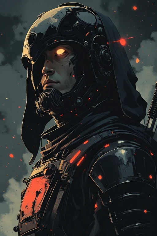 The image is a close-up of a dark and eerie scene with an off-center composition and wide-angle perspective, focusing solely on the samurai's head, neck, and torso. The samurai’s armor blends traditional aesthetics with futuristic elements. His neck is adorned with intricate, glowing armor plating, the dark metallic tones punctuated by glowing accents that give an ethereal light to his figure. The armor is battle-worn, with visible scratches and dents that speak to his experience as a warrior.

His face is mostly obscured by a sleek, high-tech helmet, designed to resemble traditional samurai armor but with a modern, futuristic twist. The helmet has subtle glowing lines that highlight its contours, giving it an almost otherworldly, mystical presence. His gaze is intense, even though his eyes are not visible, as if he is looking directly at the viewer with quiet strength and determination.

A fabric hood partially covers his head, enhancing the enigmatic and mysterious aura around him. The samurai's neck and shoulder armor fit perfectly with the rest of his attire, radiating a sense of ancient honor intertwined with futuristic technology. The upper part of his katana’s hilt can be seen, resting against the side of his body, faintly glowing, as if it carries some sort of mystical energy.

The background remains dark and melancholic, with a faint beam of light cutting through the mist, illuminating the samurai’s upper body and creating dramatic shadows. The eerie atmosphere is accentuated by the reflections on his armor and the subtle details in his attire. The scene feels cinematic, evoking quiet intensity, honor, and a blend of ancient tradition with futuristic sci-fi.

The artwork follows an anime-inspired style with dark and dim lighting, influenced by the works of Makoto Shinkai and eerie, atmospheric illustrations of John Kenn Mortensen. The composition is highly detailed and vibrant, blending dark, whimsical elements with fantasy-driven, eerie designs. The samura