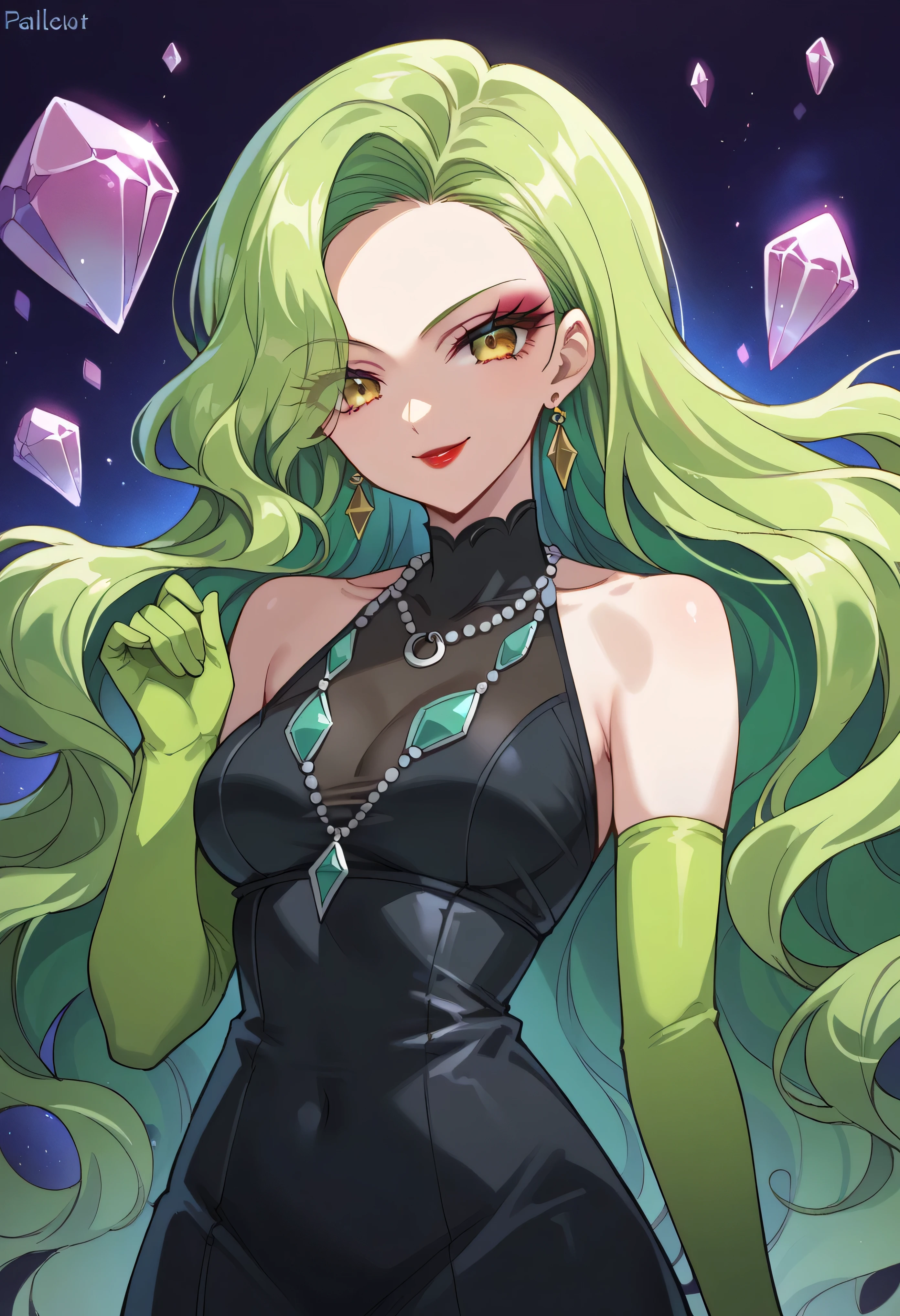 1 girl, cute face, green hair, very long hair, wavy hair, alone, gloves, red lipstick, makeup, elbow-length gloves, eye shadow, bare shoulders, black dress, gem necklace,purple crystal earrings, black mist background,very evil smug,Shaded face(eyes in shadow),dark aura,