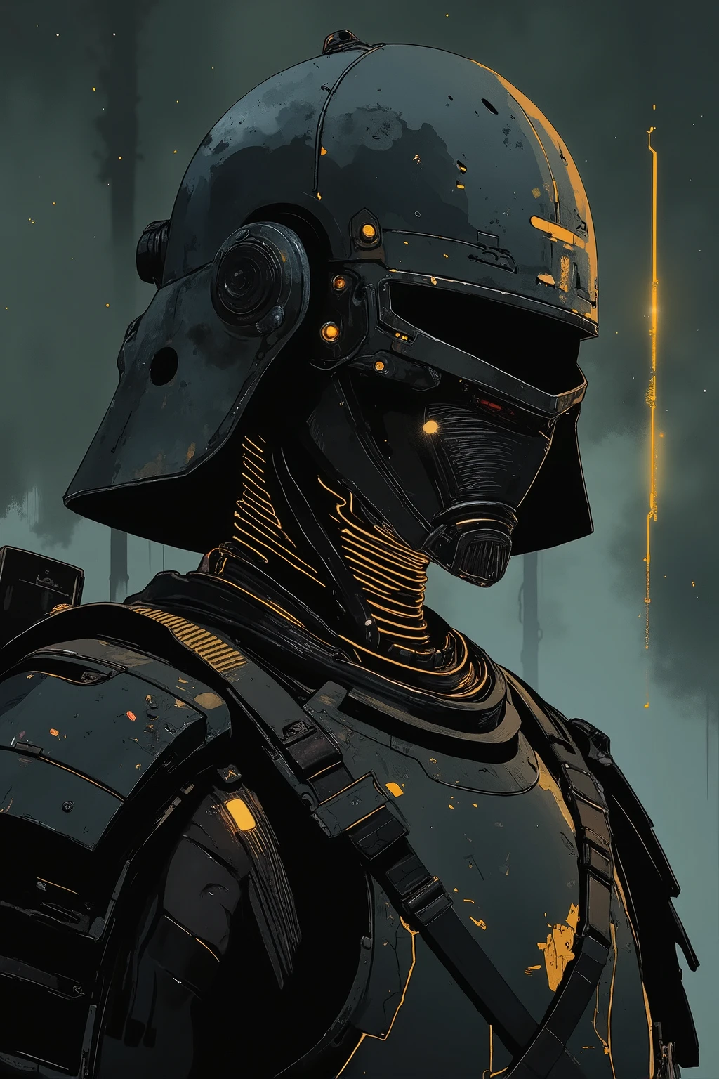 The image is a close-up of a dark and eerie scene with an off-center composition and wide-angle perspective, focusing solely on the samurai's head, neck, and torso. The samurai’s armor blends traditional aesthetics with futuristic elements. His neck is adorned with intricate, glowing armor plating, the dark metallic tones punctuated by glowing accents that give an ethereal light to his figure. The armor is battle-worn, with visible scratches and dents that speak to his experience as a warrior.

His face is mostly obscured by a sleek, high-tech helmet, designed to resemble traditional samurai armor but with a modern, futuristic twist. The helmet has subtle glowing lines that highlight its contours, giving it an almost otherworldly, mystical presence. His gaze is intense, even though his eyes are not visible, as if he is looking directly at the viewer with quiet strength and determination.

A fabric hood partially covers his head, enhancing the enigmatic and mysterious aura around him. The samurai's neck and shoulder armor fit perfectly with the rest of his attire, radiating a sense of ancient honor intertwined with futuristic technology. The upper part of his katana’s hilt can be seen, resting against the side of his body, faintly glowing, as if it carries some sort of mystical energy.

The background remains dark and melancholic, with a faint beam of light cutting through the mist, illuminating the samurai’s upper body and creating dramatic shadows. The eerie atmosphere is accentuated by the reflections on his armor and the subtle details in his attire. The scene feels cinematic, evoking quiet intensity, honor, and a blend of ancient tradition with futuristic sci-fi.

The artwork follows an anime-inspired style with dark and dim lighting, influenced by the works of Makoto Shinkai and eerie, atmospheric illustrations of John Kenn Mortensen. The composition is highly detailed and vibrant, blending dark, whimsical elements with fantasy-driven, eerie designs. The samura