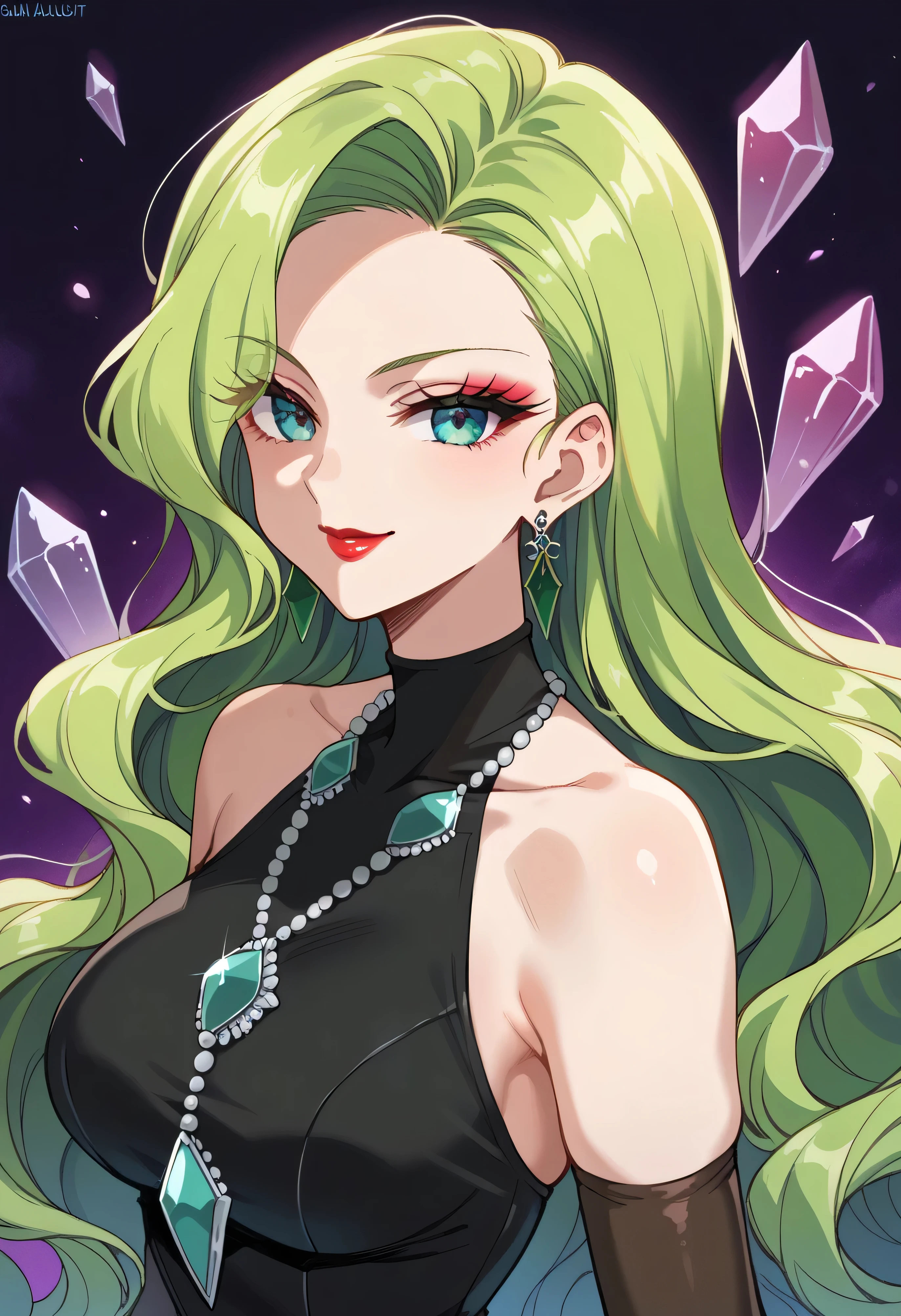 1 girl, cute face, green hair, very long hair, wavy hair, alone, gloves, red lipstick, makeup, elbow-length gloves, eye shadow, bare shoulders, black dress, gem necklace,purple crystal earrings, black mist background,very evil smug,Shaded face(eyes in shadow),dark aura,