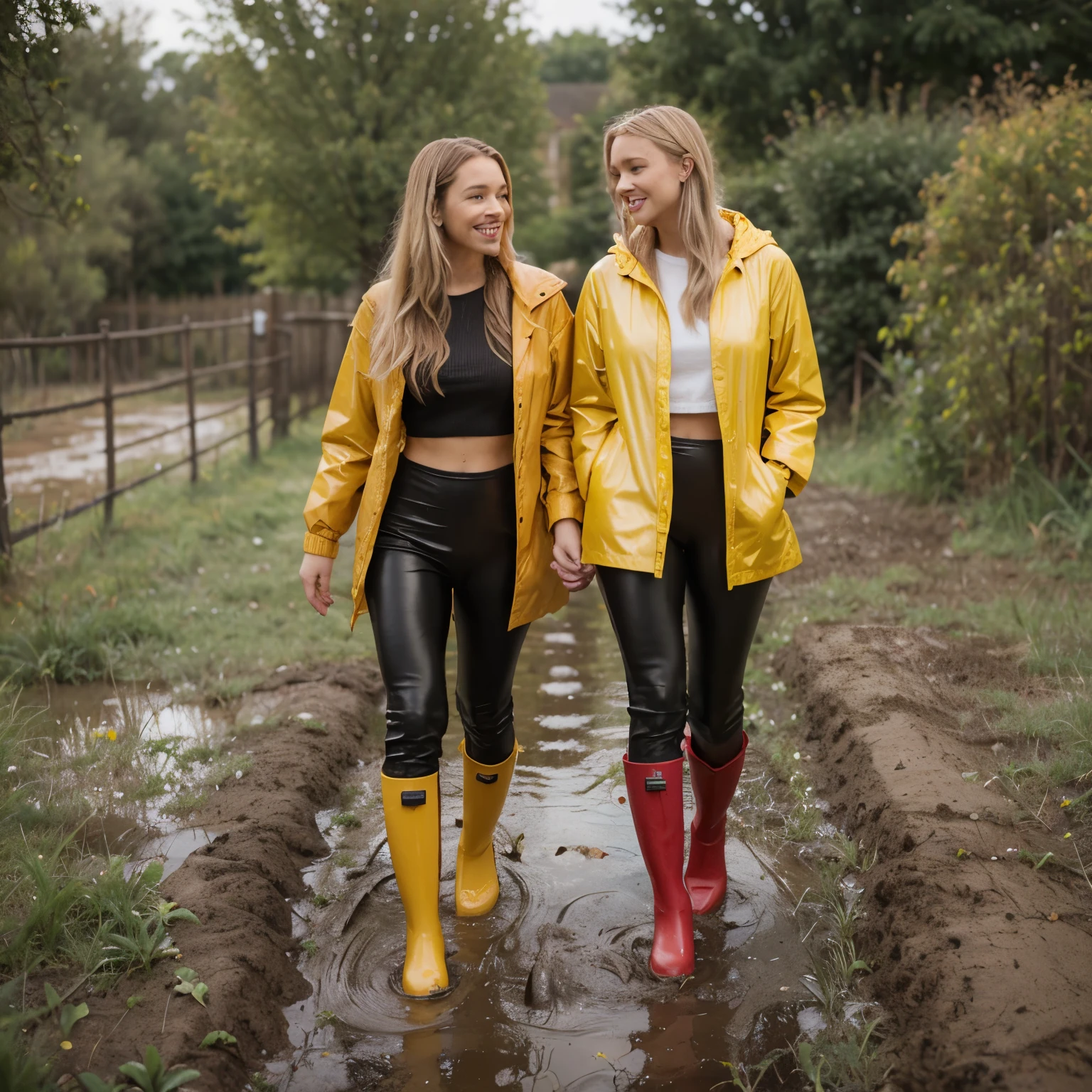 two women, jeans, black high heels, blonde hair, blue eyes, walking in the rain, wet shirt, wet blouse, white blouse, ankle boots, soaked hair, big smiles