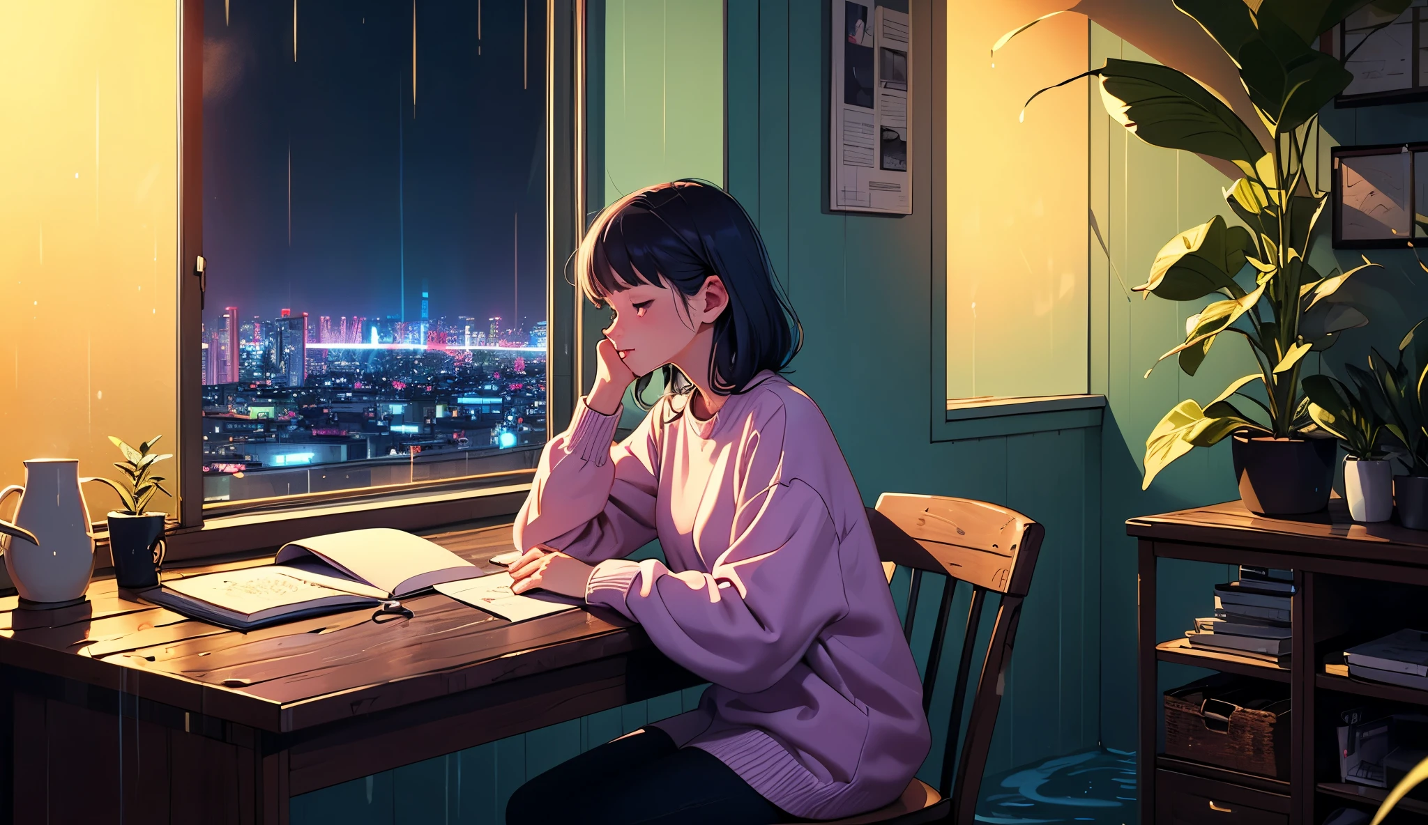 A cozy bedroom illuminated by soft neon lights in shades of purple and blue, creating a calm and introspective atmosphere. A young woman sits at her wooden desk, surrounded by small potted plants and an open notebook. She’s writing letters with a vintage fountain pen, her handwriting elegant and precise. Rain gently taps against the window, with streaks of water running down the glass. Outside, the faint glow of city lights contrasts with the dark, rainy night. A steaming cup of tea rests beside her, and the sound of soft lo-fi music plays in the background, blending harmoniously with the patter of rain.