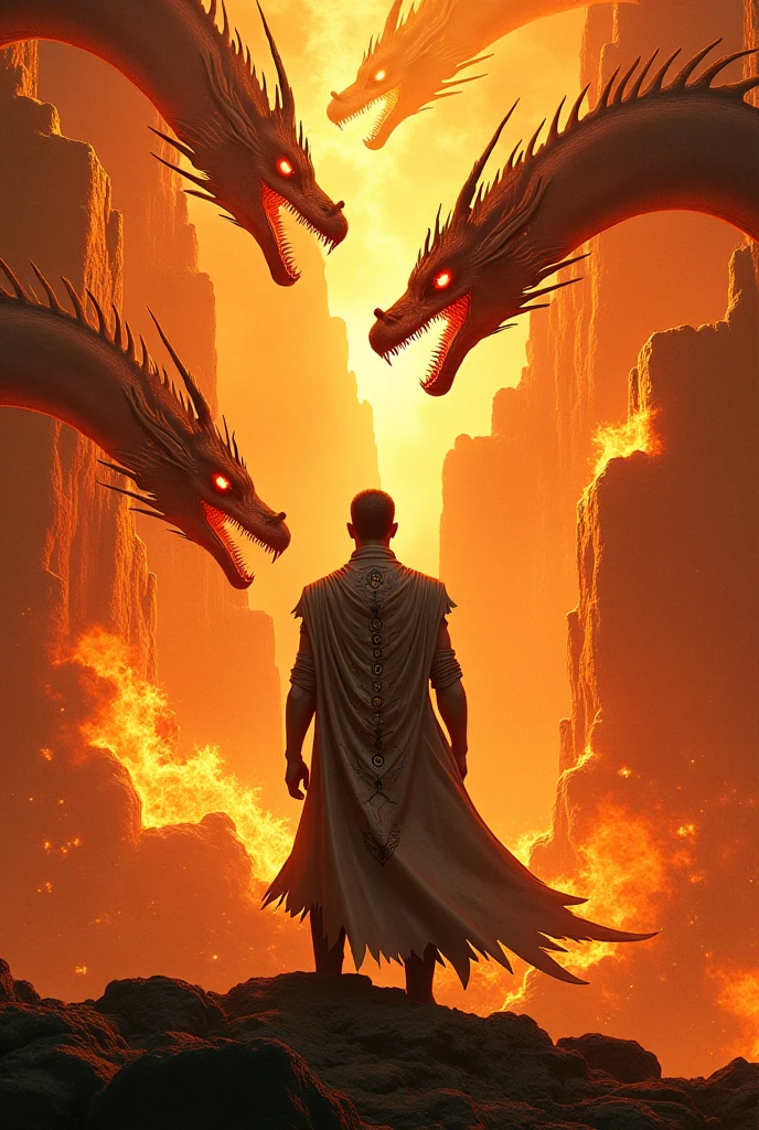 A man with two dragon site in behinde of man destroye earth in red flame from muoth