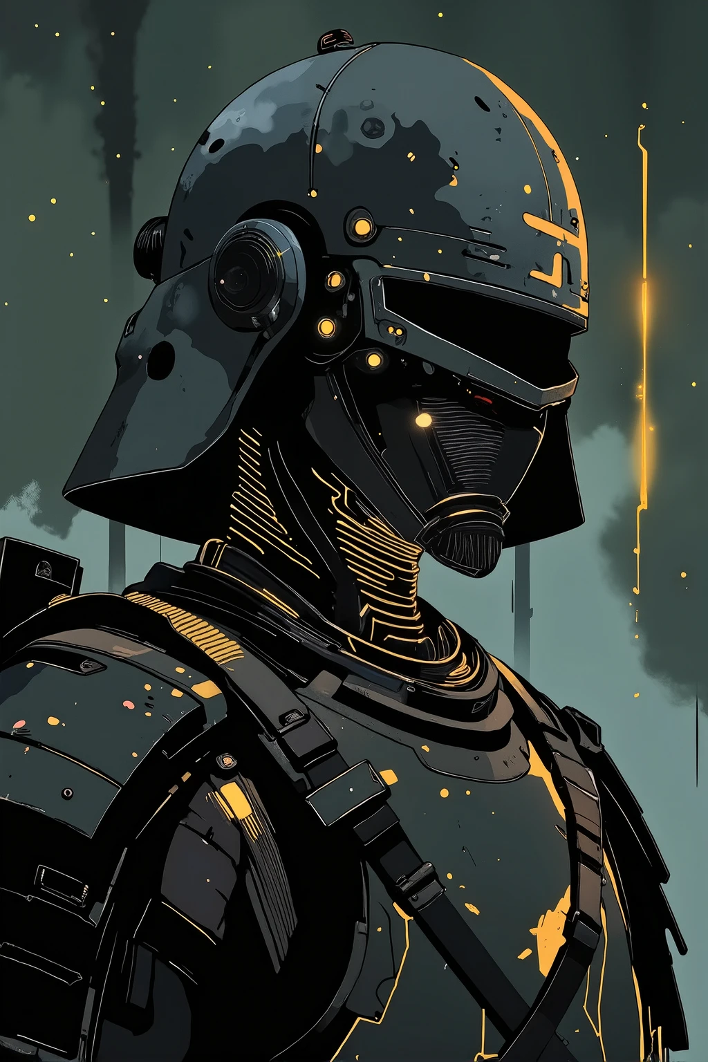 The image is a close-up of a dark and eerie scene with an off-center composition and wide-angle perspective, focusing solely on the samurai's head, neck, and torso. The samurai’s armor blends traditional aesthetics with futuristic elements. His neck is adorned with intricate, glowing armor plating, the dark metallic tones punctuated by glowing accents that give an ethereal light to his figure. The armor is battle-worn, with visible scratches and dents that speak to his experience as a warrior.

His face is mostly obscured by a sleek, high-tech helmet, designed to resemble traditional samurai armor but with a modern, futuristic twist. The helmet has subtle glowing lines that highlight its contours, giving it an almost otherworldly, mystical presence. His gaze is intense, even though his eyes are not visible, as if he is looking directly at the viewer with quiet strength and determination.

A fabric hood partially covers his head, enhancing the enigmatic and mysterious aura around him. The samurai's neck and shoulder armor fit perfectly with the rest of his attire, radiating a sense of ancient honor intertwined with futuristic technology. The upper part of his katana’s hilt can be seen, resting against the side of his body, faintly glowing, as if it carries some sort of mystical energy.

The background remains dark and melancholic, with a faint beam of light cutting through the mist, illuminating the samurai’s upper body and creating dramatic shadows. The eerie atmosphere is accentuated by the reflections on his armor and the subtle details in his attire. The scene feels cinematic, evoking quiet intensity, honor, and a blend of ancient tradition with futuristic sci-fi.

The artwork follows an anime-inspired style with dark and dim lighting, influenced by the works of Makoto Shinkai and eerie, atmospheric illustrations of John Kenn Mortensen. The composition is highly detailed and vibrant, blending dark, whimsical elements with fantasy-driven, eerie designs. The samura