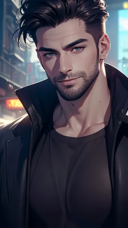 (best quality,4k,8k,highres,masterpiece:1.2),ultra-detailed,(realistic,photorealistic,photo-realistic:1.37),30 year old man,3 day beard,handsome anime,portraits,strong,masculine,dark hair,sharp jawline,mesmerizing eyes,perfectly styled hair,cool anime outfit,confident expression,vibrant colors,dynamic lighting, expression smile in love.