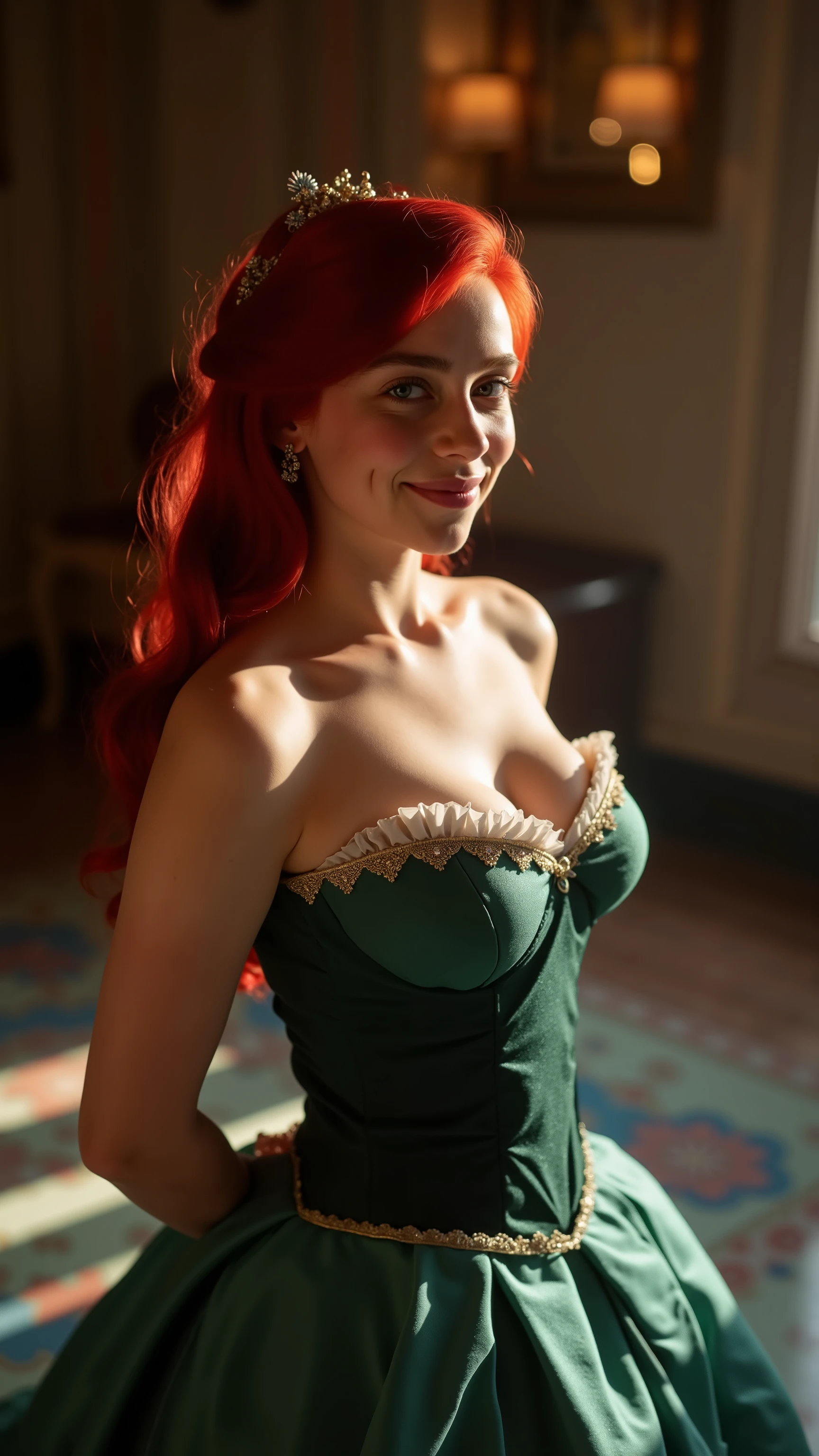 Very Close-up high angle portrait  with a fish eye lens of a busty figure, a young   in a ariel costume, ornate ball gown, ((18 years old with tiny breasts; Disney princess Ariel costume; glued to the body; beautiful and elegant; tiny breasts; red hair swept to the side))) and piercing gaze, standing in a dimly lit palace room with ornate designs and a high ceiling, with just a hint of early morning sunlight peeking through the windows. She stands firm, hands clasped behind her back, as she gives a slight  smile. The lighting in the room is dim with a lot focus on her tiny breasts