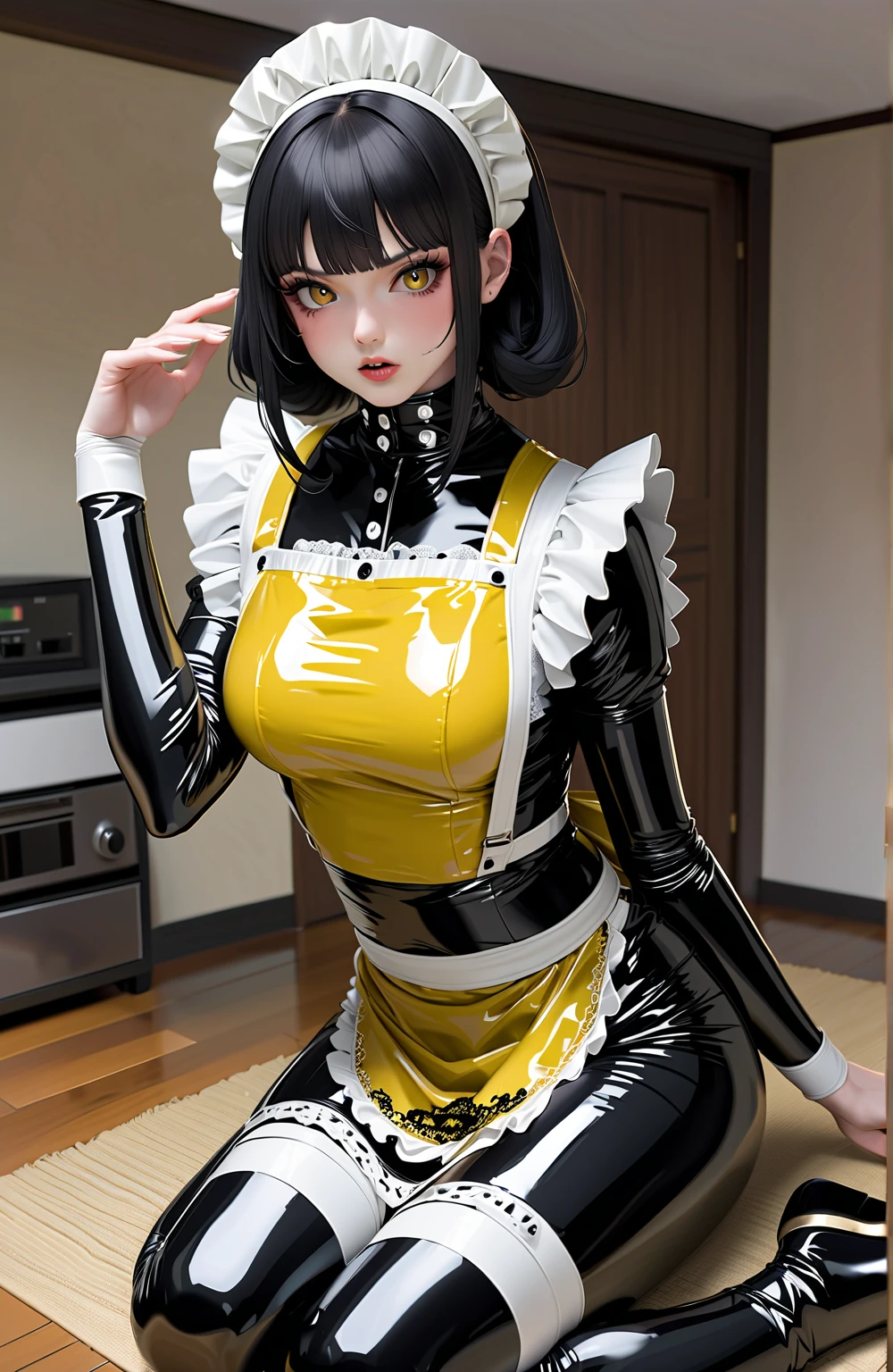  highest image quality ,4K,25-year-old Japanese :1.2, Model appearance , black hair,Gothic:1.2,((( Dressed in latex maid suit , on the head maid's bandage , long-sleeved latex shirt, floor-length latex lace skirt :1.2,Yellow lace apron :1,2,))) цветаscore_9, score_8_up, score_7_up,  anime artwork , Whiplash action ,    gorgeous woman holding a whip, flogging , angry face,