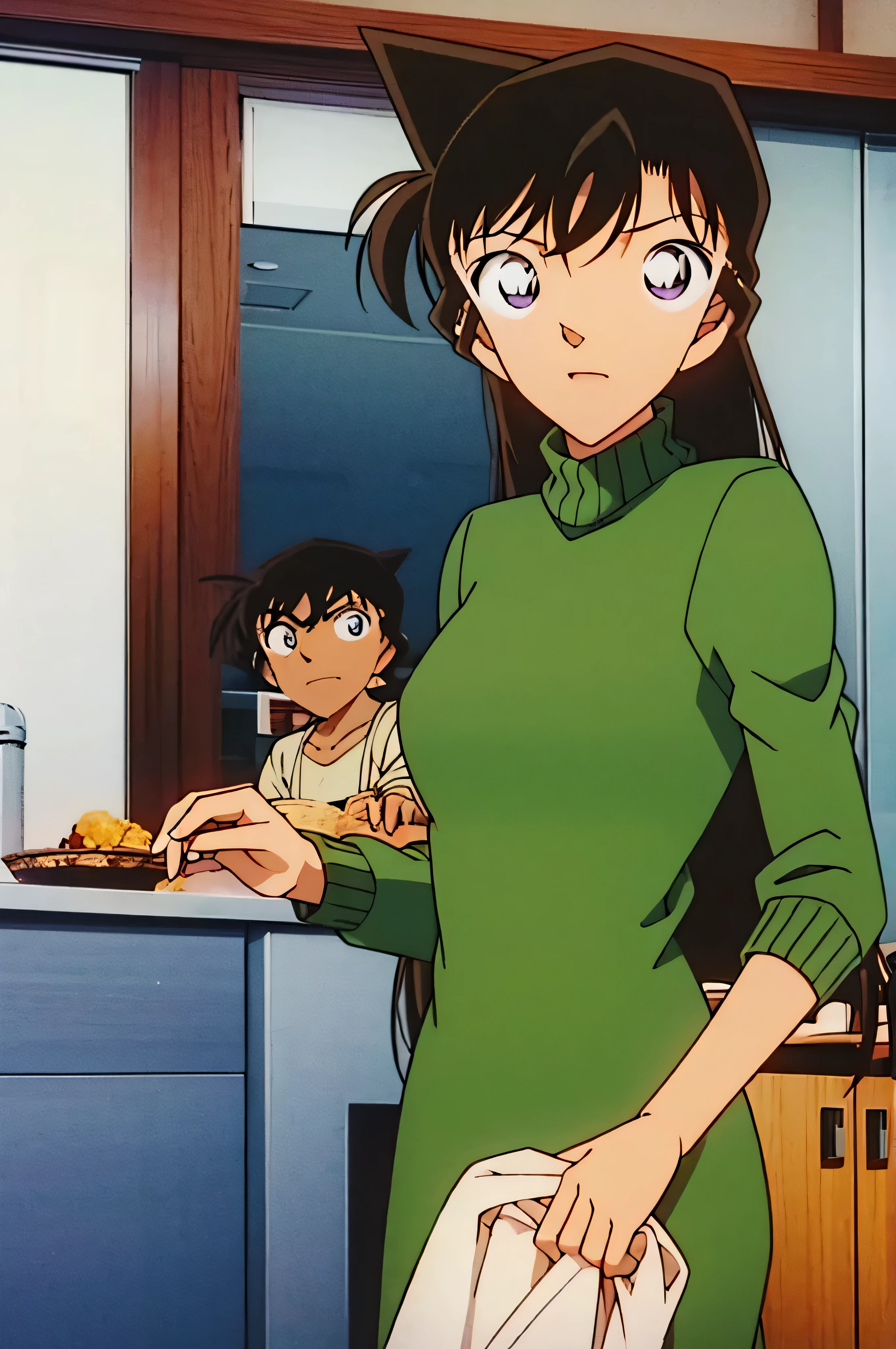 1girl、{{{mouri ran}}}, {{{meitanntei conan}}}, {{{long hair}}}, {{{official style}}}, {{{adult}}}, tight green dress (turtleneck, simple, long sleeves) 、 （light green cropped short jacket）, green socks,kitchen,bringing upper body to the sink, open, leaning forward, emphasizing the buttocks, butt to the front