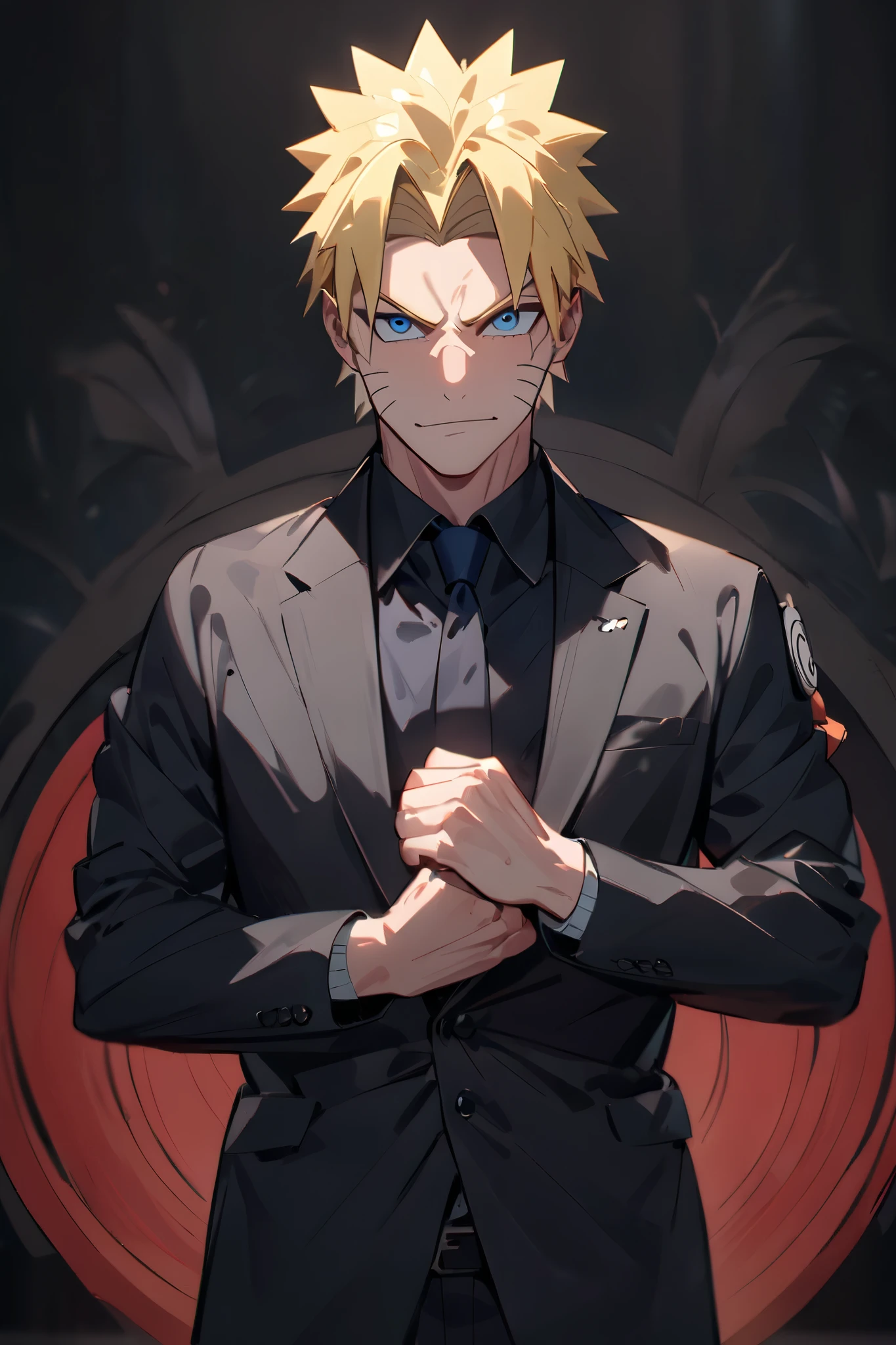 score_9, score_8_up, score_7_up, source_anime, detailed, wallpaper, beautiful details, naruto uzumaki, 1boy, looking at viewer, blonde hair, whisker markings, blue eyes. Looking mature and hot. Round face,faint charismatic smile,
Naruto in a dapper black suit looking at the viewer, confident, gentleman expression, posing charismatic, handsome and badass and sexy.with a cool black background. Masterpiece, Best Quality, Award Winning, UHD, Anime, Anime Style, Anatomically Correct, Best Quality, High Details, High Quality,