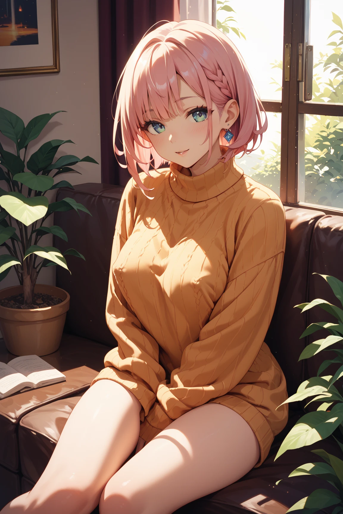 ((8k, Highest quality, masterpiece: 1.3)),Ultra-high resolution,(1 girl, alone), (Color changing eyes, Ultra-detailed, Expressive brilliance, Glitter, Glowing Eyes), Highly detailed eyes, Highly detailed face, Random Hair, ((pastel colour))Lazy Sunday Afternoon
The woman is sprawled out on a large, plush sofa in the living room, wearing an oversized olive-green sweater that drapes over one shoulder, revealing the strap of a black sports bra underneath. She pairs this with black leggings that fit snugly, accentuating her relaxed yet stylish look. She’s holding a TV remote in one hand, her head resting on the arm of the couch as she looks at the camera with a playful smirk. The afternoon light casts long shadows across the room, with a coffee table in front of her cluttered with snacks and a half-full glass of iced tea.