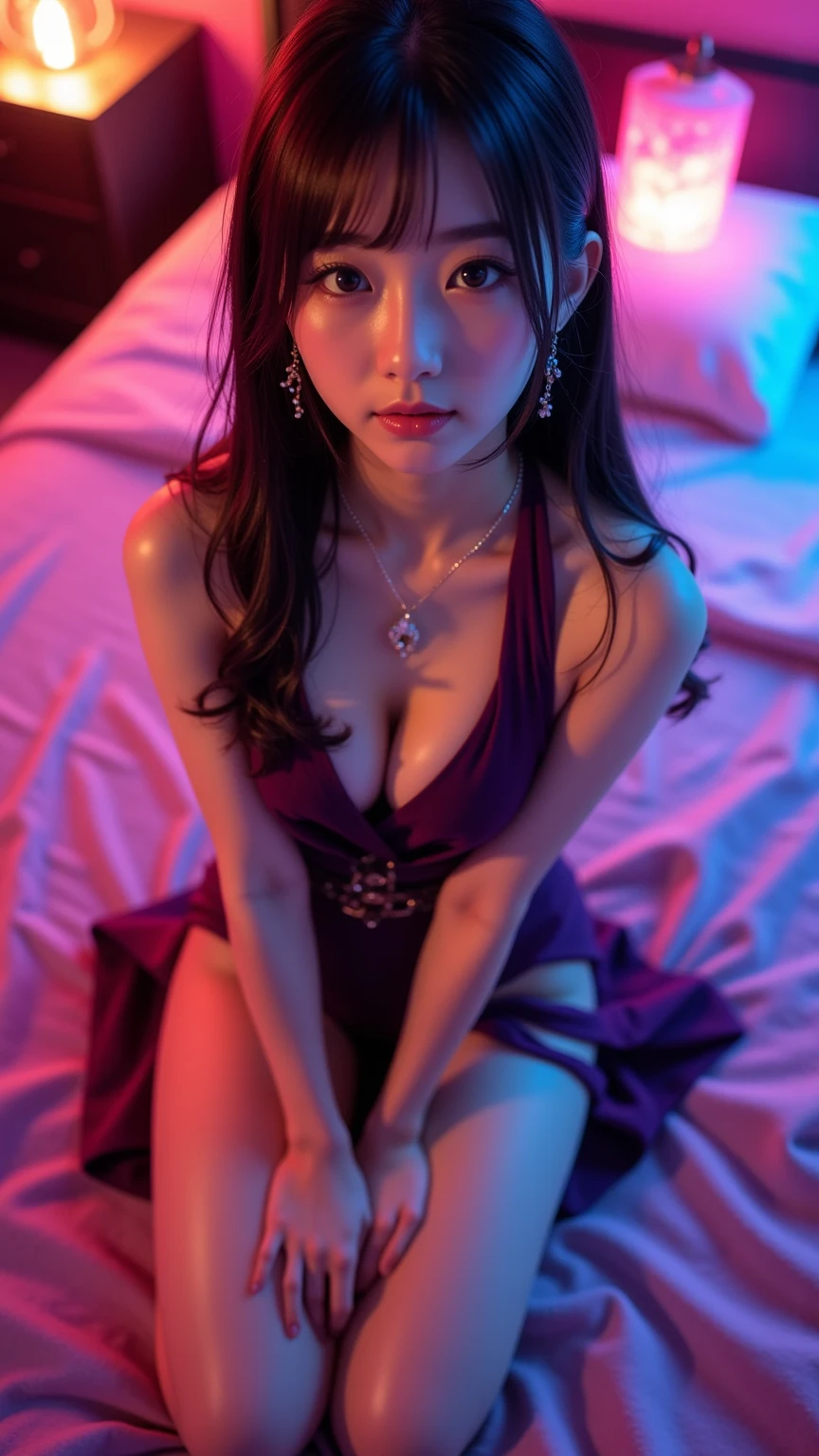 Japanese woman,  long hair, Sexy purple short dress lying on the bed