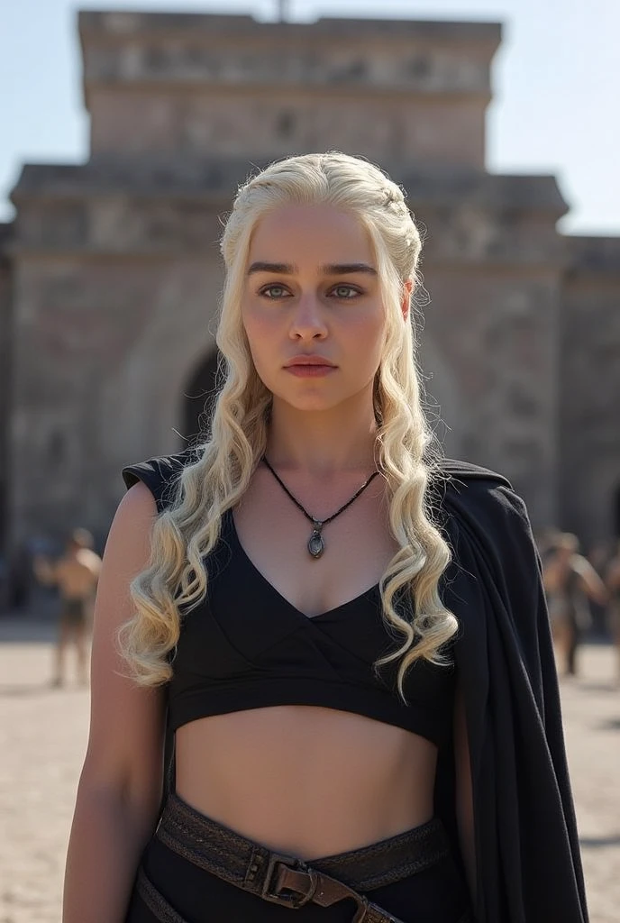 Daenerys Targaryen,black midriff summer shirt,black cape,in the square in front of a Mayan temple,potrait