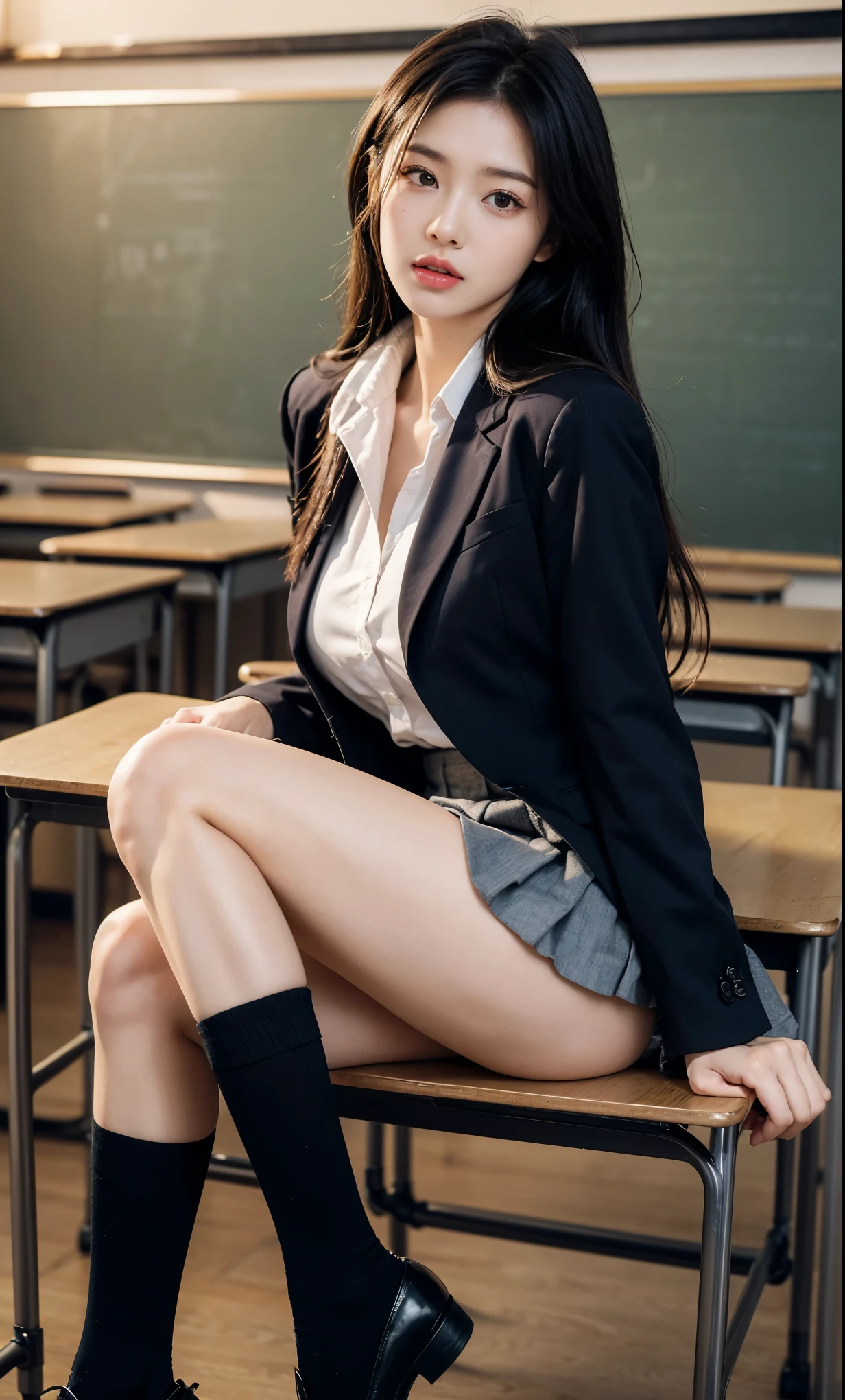 perfect body、((8k, RAW photo, highest qualityの, masterpiece), High-resolution RAW color photos Professional close-up photos, (realistic, photorealism: 1.37), (highest quality), (best shadow), (best illustrations), clavicle ((big)), ((erotic, sexy, ultra high resolution, High Definition CG Unified 8k Denden Wallpaper, Physically based rendering, movie lighting), (charming monkey:1), 16 year old girl, (gray blazer, ribbon, choker, high school uniform: 1.2), high school classroom, beautiful detailed eyes, light shines on your face, ((full body shot: 1.2)), particularly strong light, (upper eye, shy:1.2),shiny skin, (((black hair, long hair:1.2))), (thin legs), Ulchan-6500-v1.1:0.2, shy, (flash:1.2), NSFW , ((seductive posture: 1.2, Charm: 1.2)), (idle state), ((sitting at a desk in the classroom: 1.2)), ((excellent anatomy: 1.2)), ((Bright and refreshing classroom, background is blurry: 1.2)), perfect face, cute face, (high angle shot:1.2),((super short skirt: 1.2)),((over knee socks: 1.4)), perfect legs, thin legs