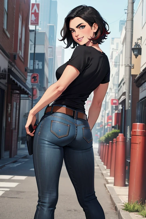 (Masterpiece) (High Detail) (High Res) (Black Skin) Looking from below A tall black humanoid girl with dark skin and ebony flesh and green eyes and short black hair and half her head shaved and goat ears and short dark goat horns and a toned body and average to small breasts and wearing a jacket and jeans with a penis