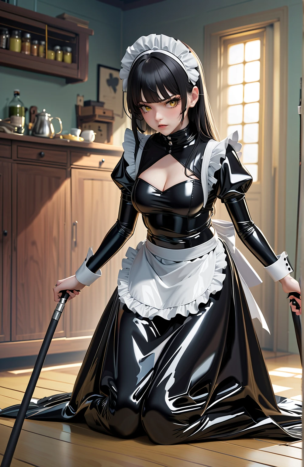  highest image quality ,4K,25-year-old Japanese :1.2, Model appearance , black hair,Gothic:1.2,((( Dressed in latex maid suit , on the head maid's bandage , long-sleeved latex shirt, floor-length latex lace skirt :1.2, Yellow lace apron :1.2))),A whip is holding a whip :1.2,score_9, score_8_up, score_7_up,  anime artwork , Whiplash action ,  flogging , angry face,