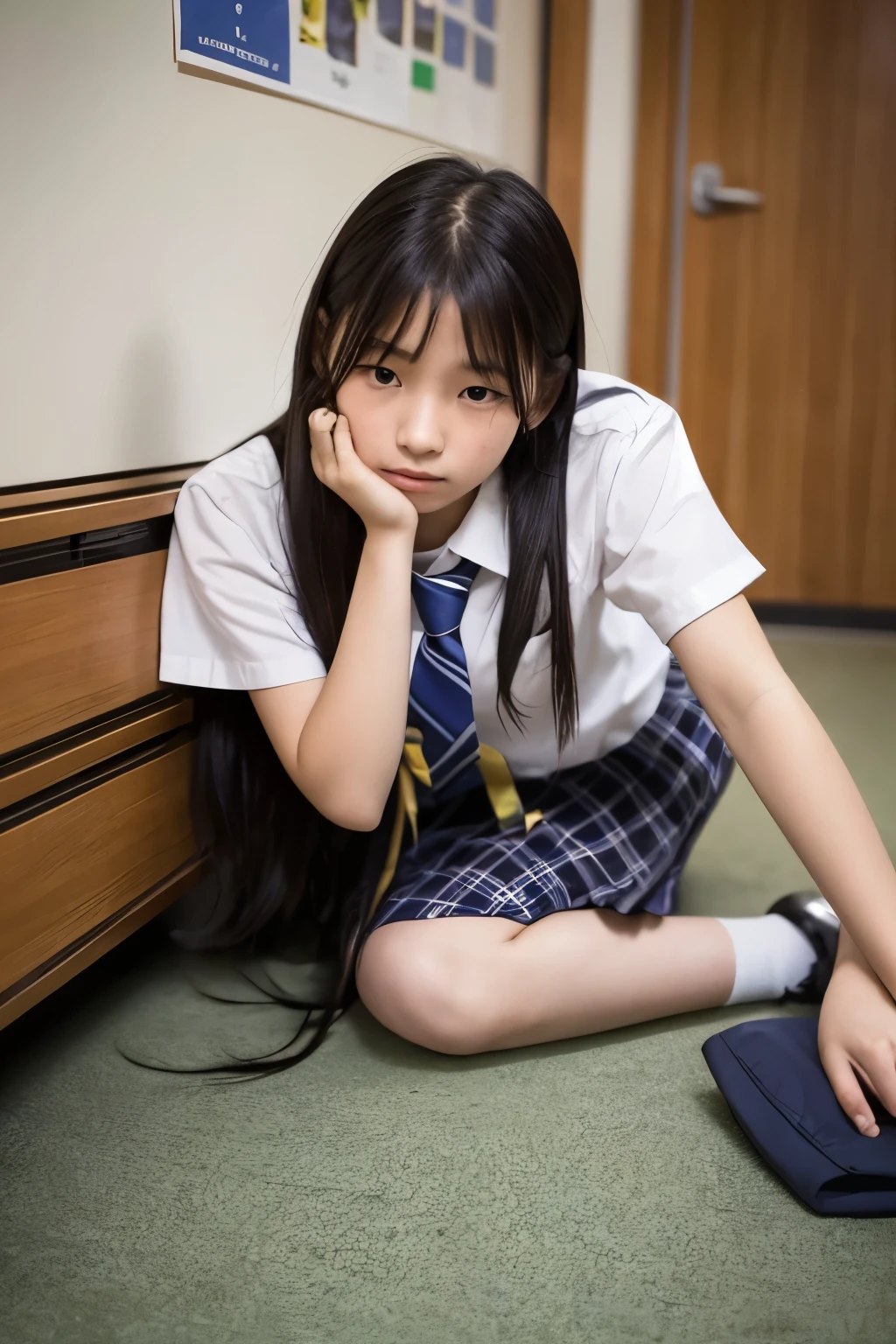 A 16-year-old high school girl with long black hair and wearing a school uniform is squatting down with tears streaming down her face.