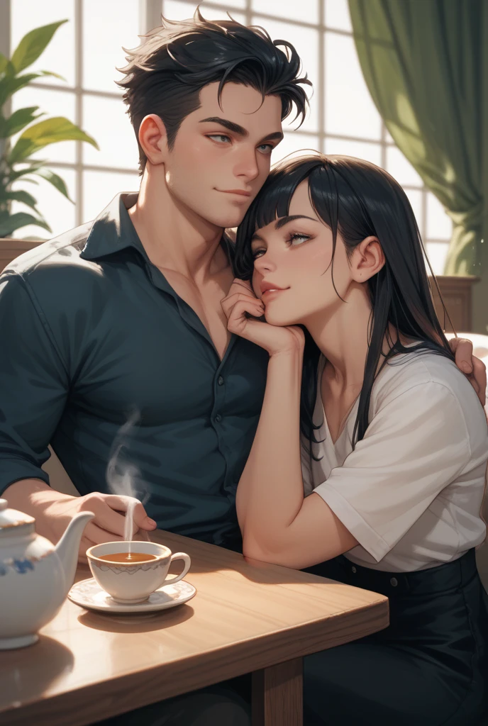 a young couple sitting in a cafe,girl wearing short clothes with big hips,colorful cafe lights,moody colors,highly detailed,photstudio lighting,warm lighting,elegant,romantic,cozy atmosphere