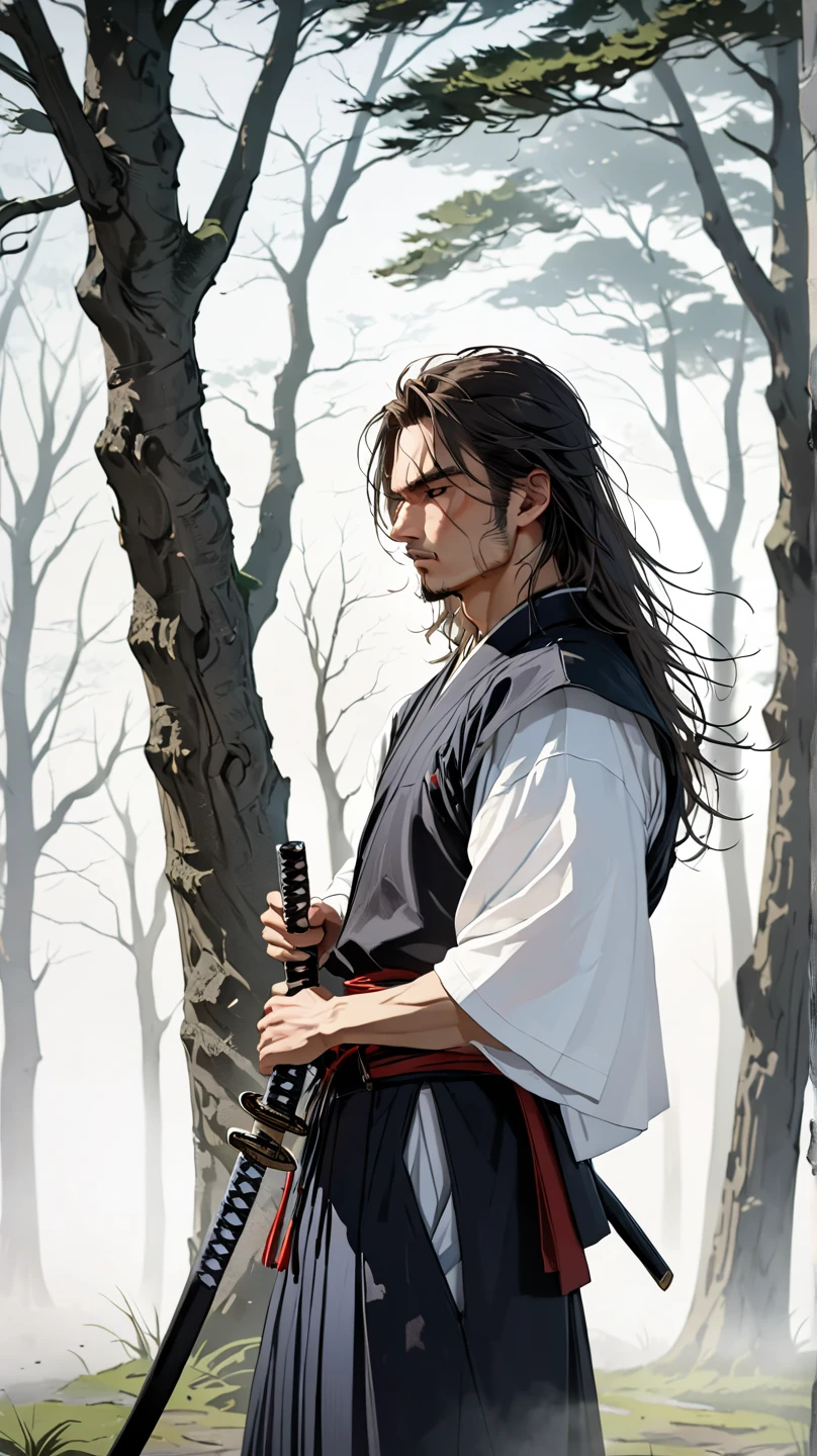 Yaso, League of Legends, yasuo_ (league_of_legends), 1boy, weapon, male focus, sword, facial hair, solo, beard, sheath, ponytail, brown hair, holding, long hair, holding weapon, armor, brown eyes, outdoors, holding sword, Katana, muscular, tree, looking at the audience, realistic rendering,
