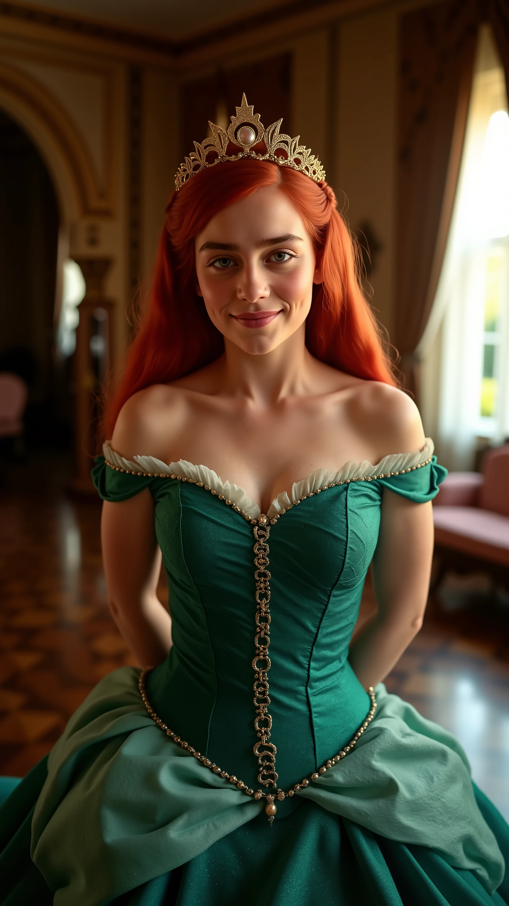 Very Close-up high angle portrait  with a fish eye lens of a busty figure, a young teen  in a ariel costume, ornate ball gown, ((18 years old with tiny breasts; Disney princess Ariel costume; glued to the body; beautiful and elegant; tiny breasts; red hair swept to the side))) and piercing gaze, standing in a dimly lit palace room with ornate designs and a high ceiling, with just a hint of early morning sunlight peeking through the windows. She stands firm, hands clasped behind her back, as she gives a slight  smile. The lighting in the room is dim with a lot focus on her tiny breasts