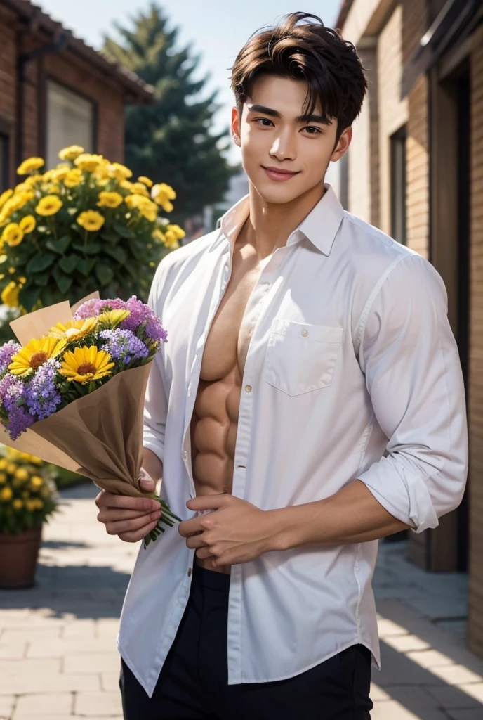 best quality,masterpiece,Ultra high detail,A handsome muscular man,Short black hair,topless,(Flowers on the shoulder),(With flowers in his pants),realistic,Grey background,Yellow and white flowers,