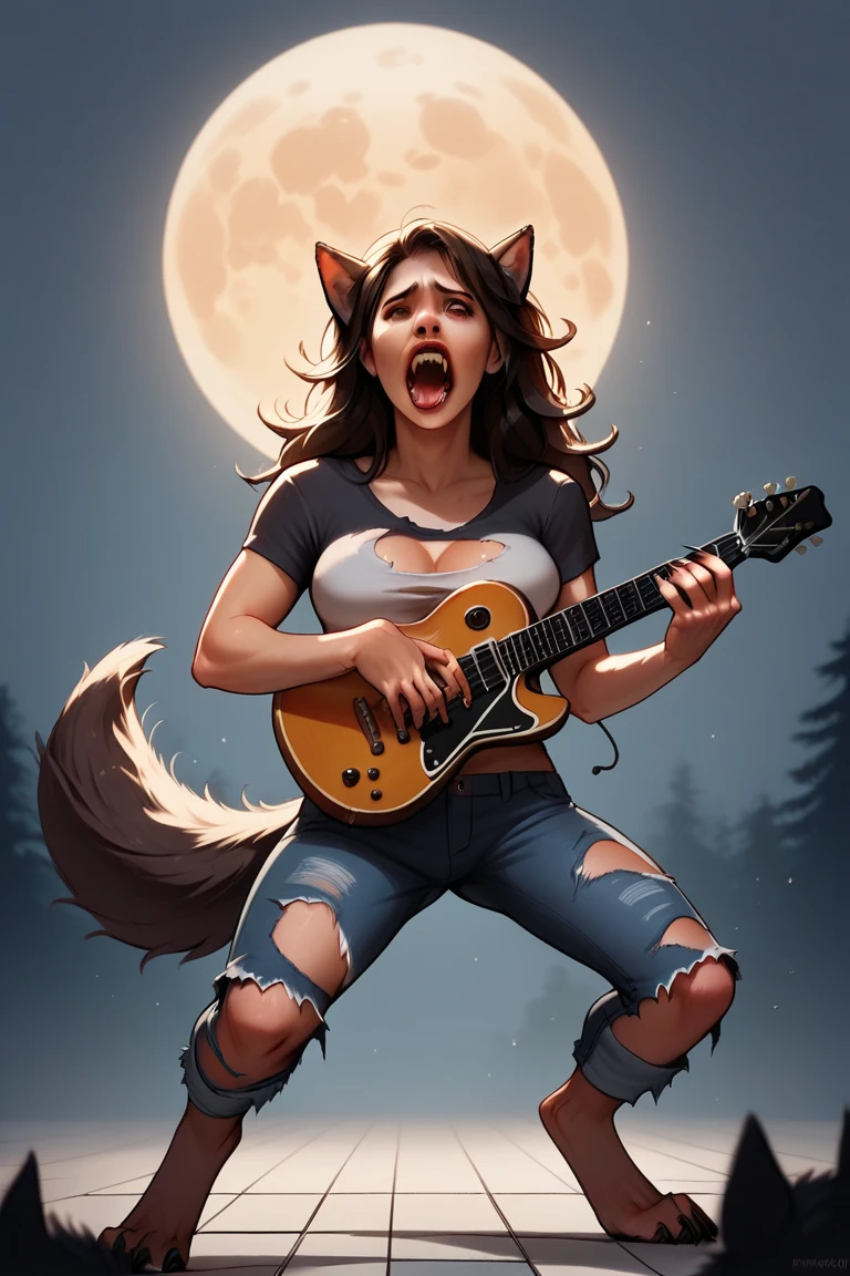 As a sexy heavy metal rock singer is playing a guitar solo on an outdoor stage under the full moon, she is being transformed into a werewolf. BREAK (transformation:1.5), mid-transformation, wolf tail, wolf ears, wolf paws, wolf claws, wolf fur, wolf teeth, wolf tongue, ripped clothing, three perfect breasts, howling up at the moon, full, moon, dark outdoor concert stage, gibson guitar