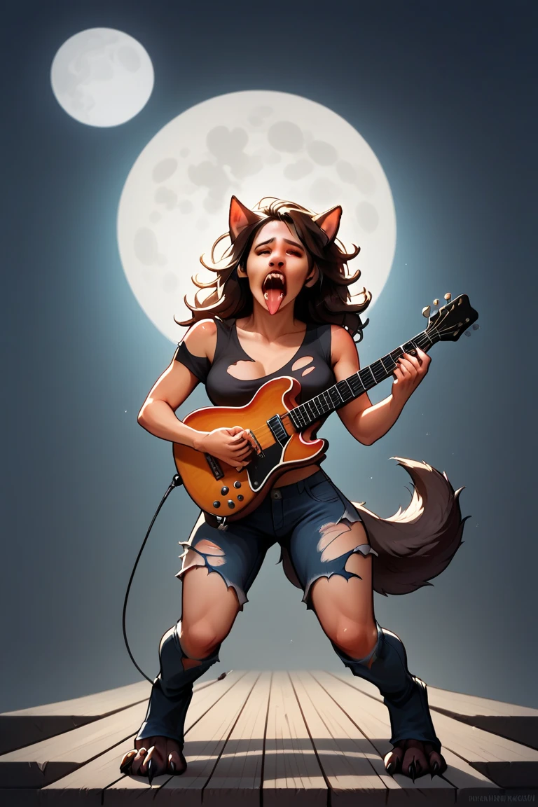 As a sexy heavy metal rock singer is playing a guitar solo on an outdoor stage under the full moon, she is being transformed into a werewolf. BREAK (transformation:1.5), mid-transformation, wolf tail, wolf ears, wolf paws, wolf claws, wolf fur, wolf teeth, wolf tongue, ripped clothing, three perfect breasts, howling up at the moon, full, moon, dark outdoor concert stage, gibson guitar