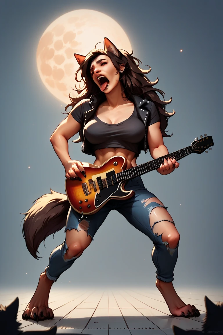 As a sexy heavy metal rock singer is playing a guitar solo on an outdoor stage under the full moon, she is being transformed into a werewolf. BREAK (transformation:1.5), mid-transformation, wolf tail, wolf ears, wolf paws, wolf claws, wolf fur, wolf teeth, wolf tongue, ripped clothing, three perfect breasts, howling up at the moon, full, moon, dark outdoor concert stage, gibson guitar