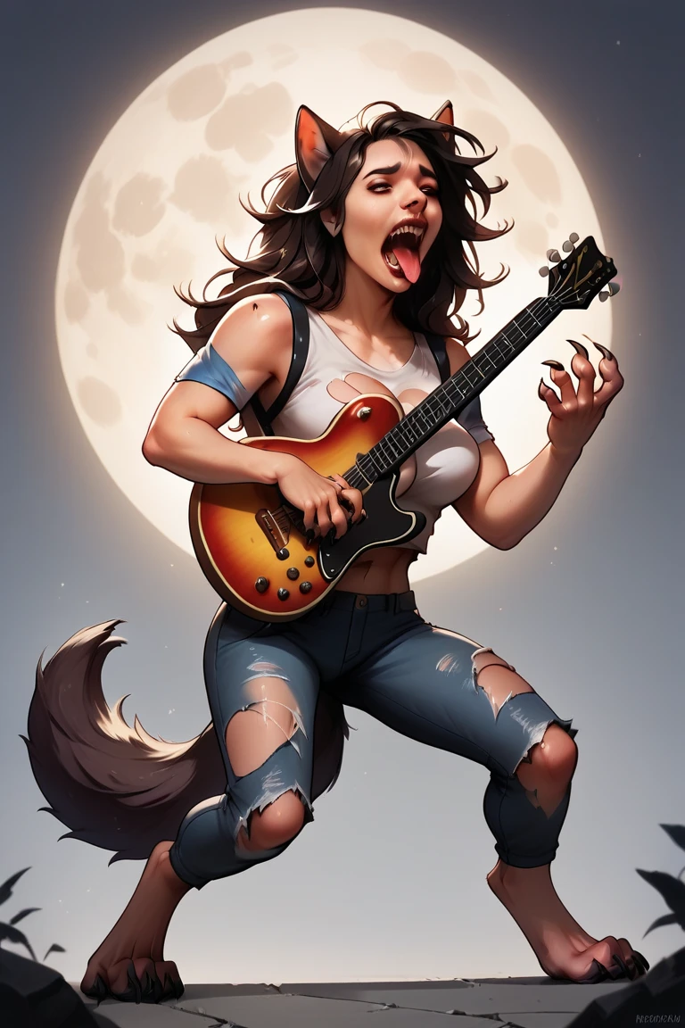 As a sexy heavy metal rock singer is playing a guitar solo on an outdoor stage under the full moon, she is being transformed into a werewolf. BREAK (transformation:1.5), mid-transformation, wolf tail, wolf ears, wolf paws, wolf claws, wolf fur, wolf teeth, wolf tongue, ripped clothing, three perfect breasts, howling up at the moon, full, moon, dark outdoor concert stage, gibson guitar