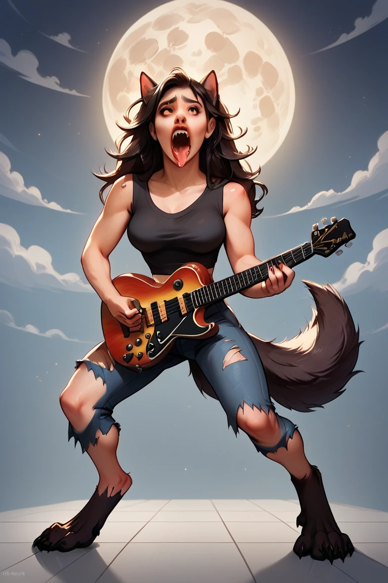 As a sexy heavy metal rock singer is playing a guitar solo on an outdoor stage under the full moon, she is being transformed into a werewolf. BREAK (transformation:1.5), mid-transformation, wolf tail, wolf ears, wolf paws, wolf claws, wolf fur, wolf teeth, wolf tongue, ripped clothing, three perfect breasts, howling up at the moon, full, moon, dark outdoor concert stage, gibson guitar