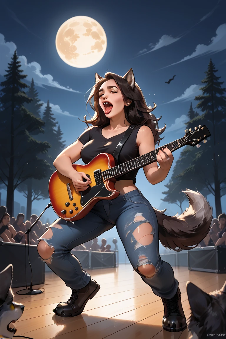 As a sexy heavy metal rock singer is playing a guitar solo on an outdoor stage under the full moon, she is being transformed into a werewolf. BREAK (transformation:1.5), mid-transformation, wolf tail, wolf ears, wolf paws, wolf claws, wolf fur, wolf teeth, wolf tongue, ripped clothing, three perfect breasts, howling up at the moon, full, moon, dark outdoor concert stage, gibson guitar