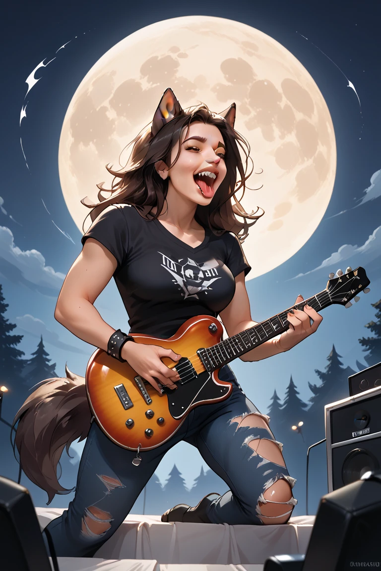 As a sexy heavy metal rock singer is playing a guitar solo on an outdoor stage under the full moon, she is being transformed into a werewolf. BREAK (transformation:1.5), mid-transformation, wolf tail, wolf ears, wolf paws, wolf claws, wolf fur, wolf teeth, wolf tongue, ripped clothing, three perfect breasts, howling up at the moon, full, moon, dark outdoor concert stage, gibson guitar