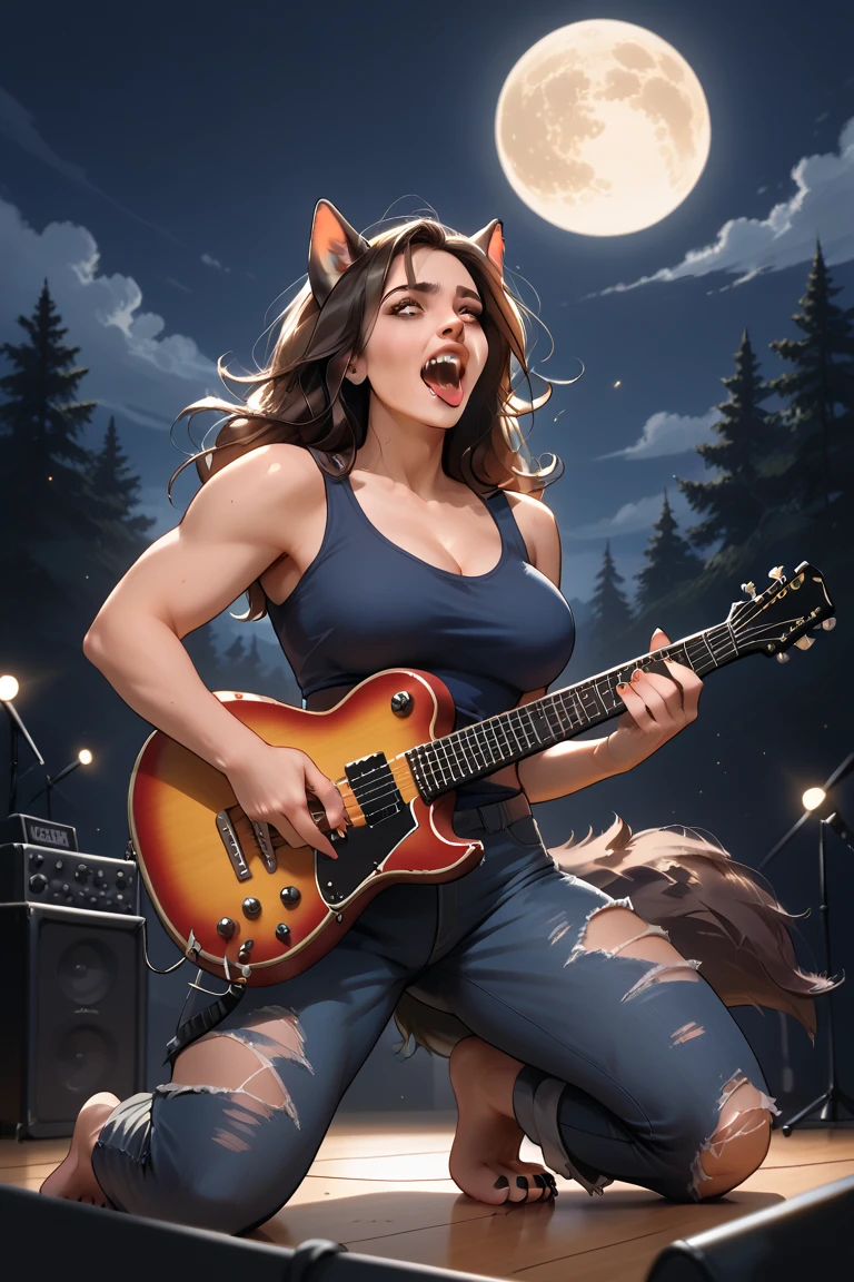 As a sexy heavy metal rock singer is playing a guitar solo on an outdoor stage under the full moon, she is being transformed into a werewolf. BREAK (transformation:1.5), mid-transformation, wolf tail, wolf ears, wolf paws, wolf claws, wolf fur, wolf teeth, wolf tongue, ripped clothing, three perfect breasts, howling up at the moon, full, moon, dark outdoor concert stage, gibson guitar