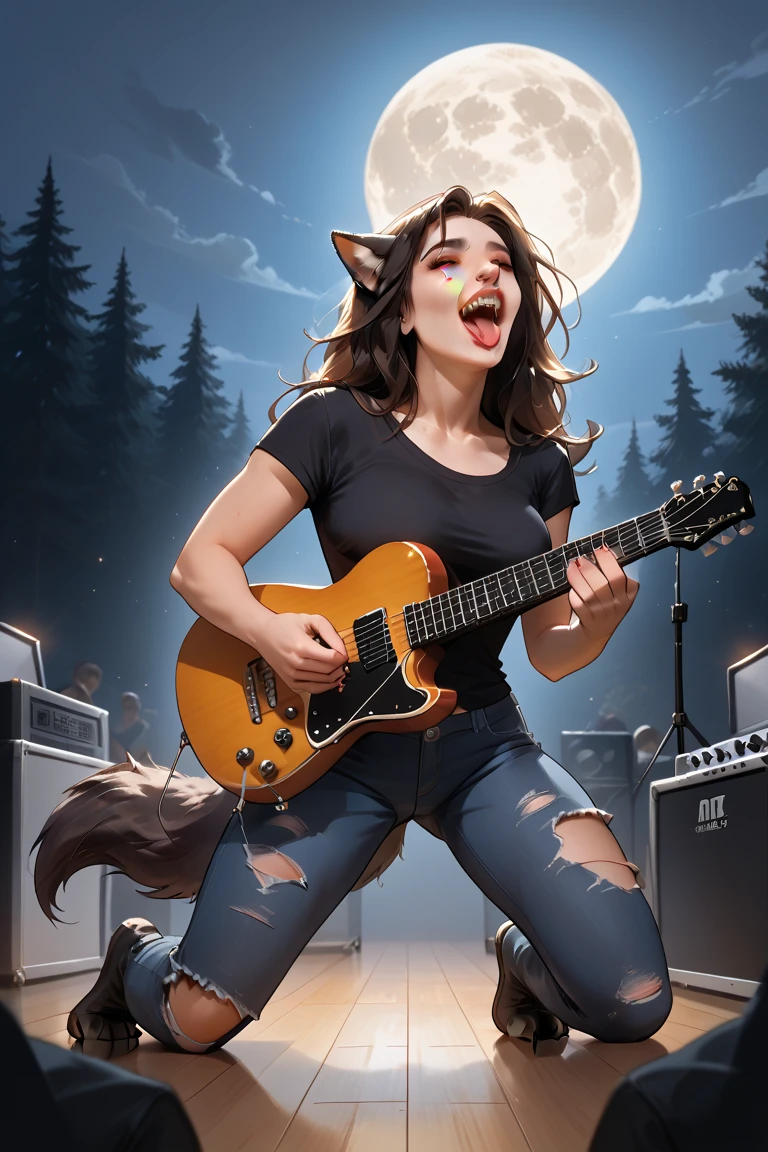 As a sexy heavy metal rock singer is playing a guitar solo on an outdoor stage under the full moon, she is being transformed into a werewolf. BREAK (transformation:1.5), mid-transformation, wolf tail, wolf ears, wolf paws, wolf claws, wolf fur, wolf teeth, wolf tongue, ripped clothing, three perfect breasts, howling up at the moon, full, moon, dark outdoor concert stage, gibson guitar