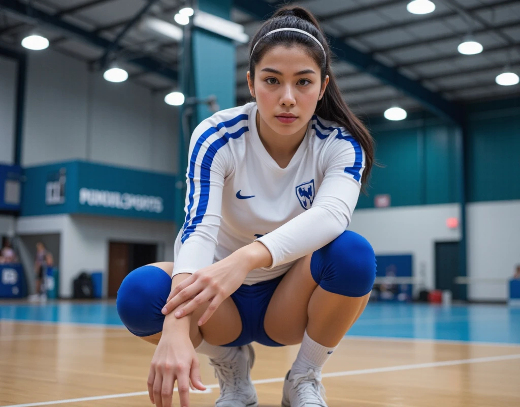 "Cinematic of a beautiful 20-year-old volleyball player stretching. She has fair skin and black hair tied back in a ponytail, and a sports headband on her forehead. Her eyes are bright black. She is wearing a volleyball uniform, with a white long-sleeved shirt with a cobalt blue stripe. She is wearing cobalt blue lycra shorts, which shape her athletic body. She is on an indoor court, squatting, stretching. Multi-sports gym, artificial light, shallow depth of field, bright colors, wide shot, close range.