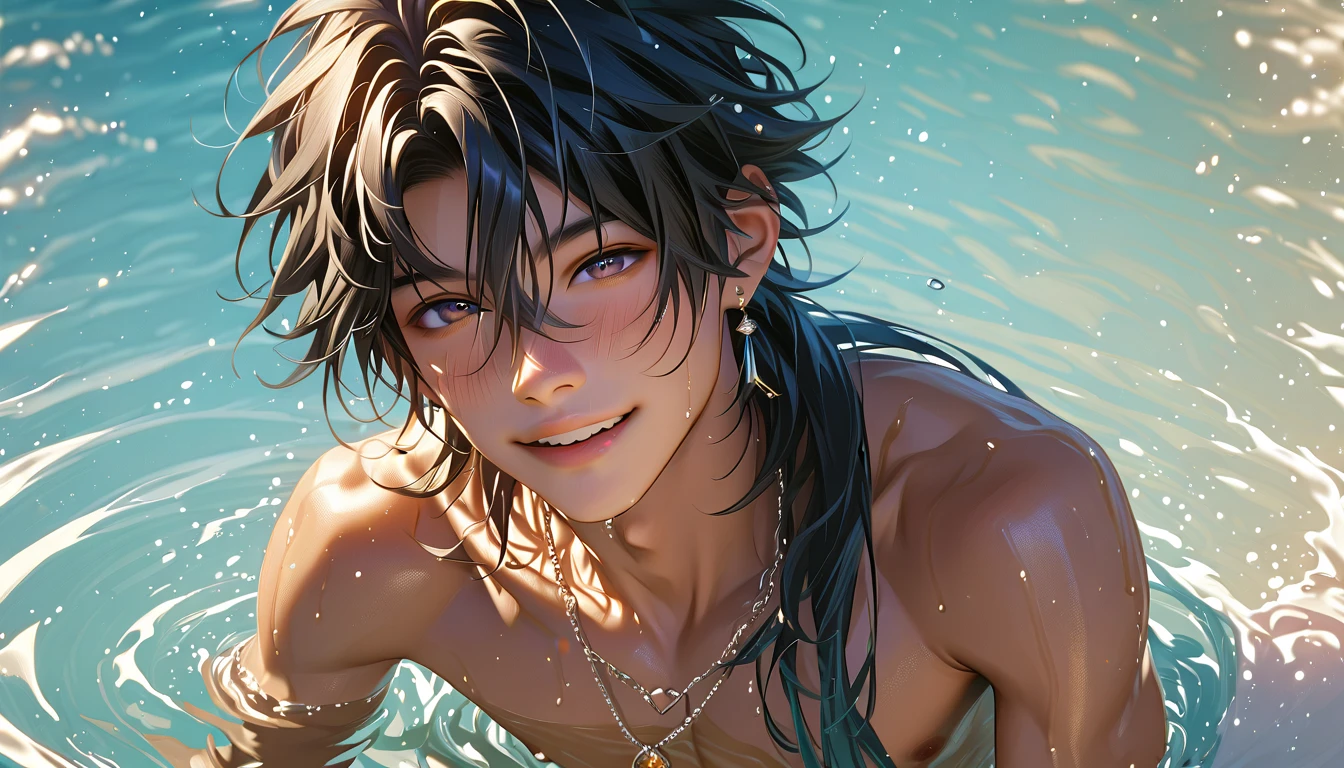 a skinny young boy, younger than aged 18 old, with splendid long black hair, he is tanned, with a sweet happy facial expression, he is under the water searching corals, he is completely naked, hairless body, slim abs, he is showing his small completely hairless wet erected penis.