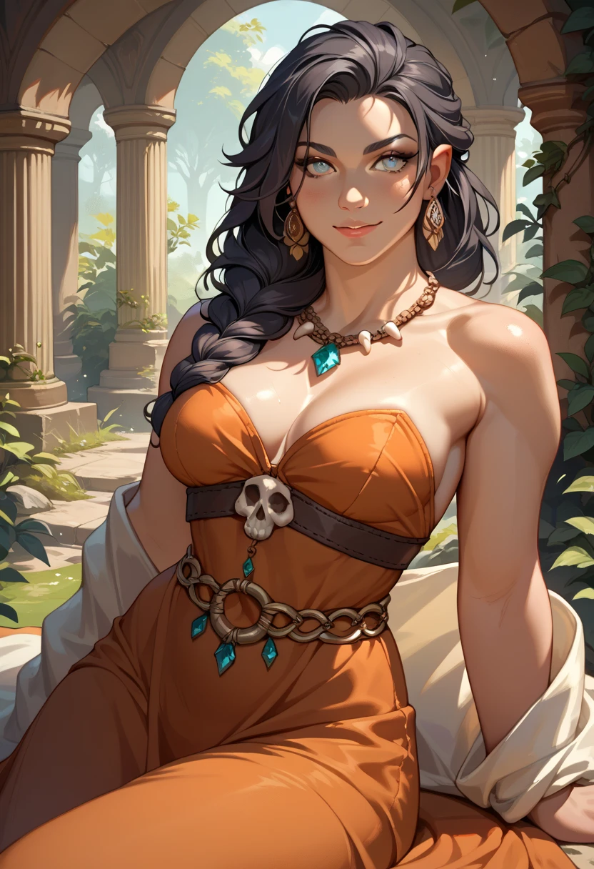 breasts, thighs, dark skin, long wavy black hair, green eyes, enchanted wet siren outfit, curious seductive expression, sitting on a ledge reading a book, ancient cathedral with water.
