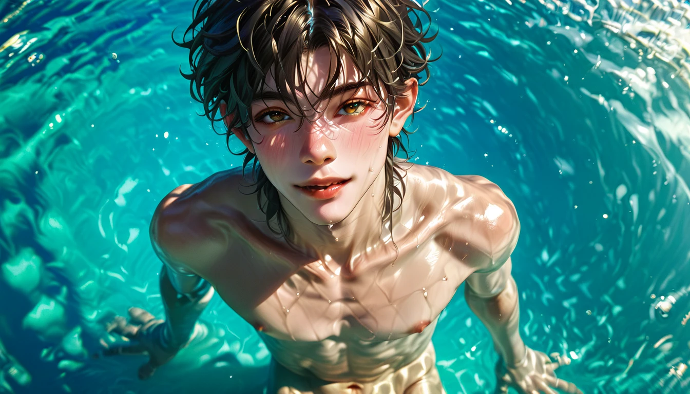 a skinny young boy, younger than aged 18 old, with splendid long black hair, he is tanned, with a sweet happy facial expression, he is under the water searching corals, he is completely naked, hairless body, slim abs, he is showing his small completely hairless wet erected penis.