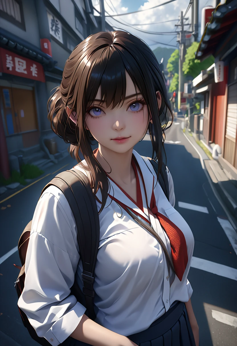 (chainsawman、Makima)、Brown skin、Japan schoolgirl uniform、(Orange braid)、Young、Cute、a beautifulchi girl、Perfect style、HugeBoobs、Emphasizes cleavage、deadpan、Realstic、Realistic、8k、intensely detailed、HighestQuality、Top image quality、UltraHighResolution、A masterpice、only girl、(The background is the Kaminarimon of Japan)、