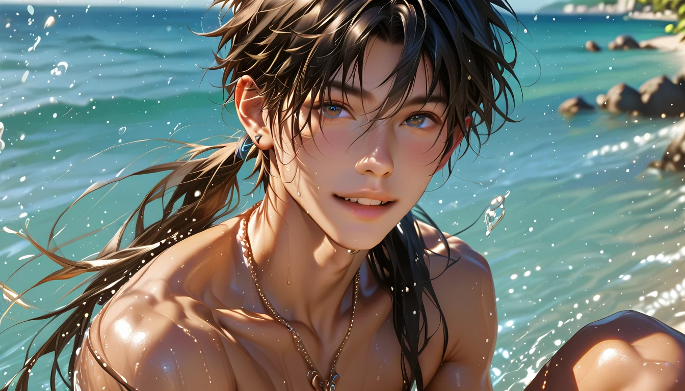 a skinny young boy, younger than aged 18 old, with splendid long black hair, he is tanned, with a sweet happy facial expression, he is swimming under the sea searching corals, he is completely naked, hairless body, slim abs, he is showing his small completely hairless wet erected penis.