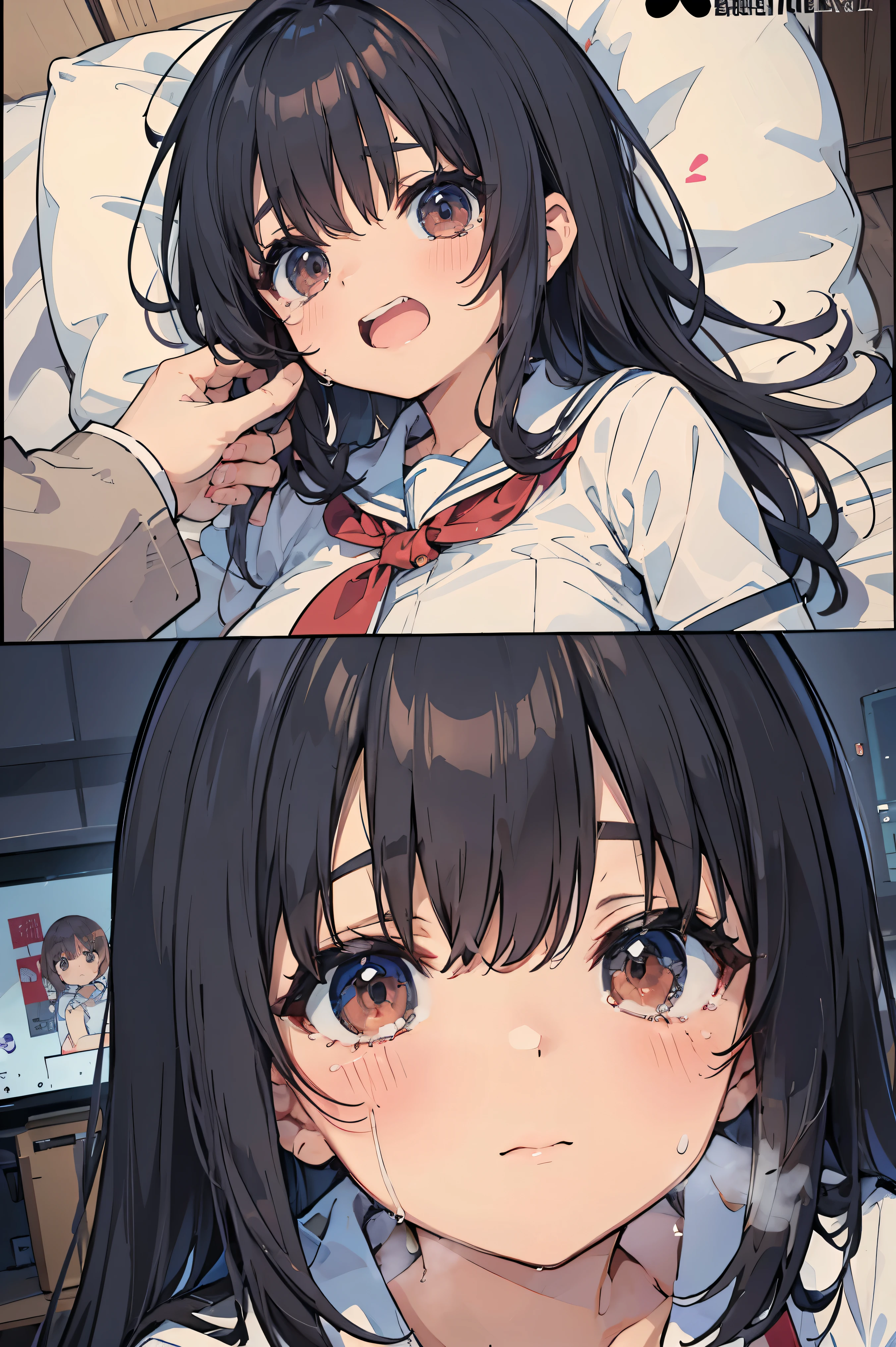 1girl, ((bowl cut hair)), black hair, black eyes, ((Large Breasts)), white blouse, collared shirt, long sleeve, ((red suspender skirt)), break, (((School classroom))), (((At dusk))),  (((Lie down on the desk))), Upper Body, Dynamic Angle, (nose blush), break, ((vaginal, missionary, POV)), (((Vaginal,Sex))),(((Cum in pussy))), break, Shiny and smooth hair, ((Image Processing Algorithms：1.2)), break, Very detailed目, highest quality, Ultra HD, High resolution, Beautiful and vivid illustrations, break, High Contrast, Tonal correction, Ultra-realistic oily and shiny skin, Super quality, High resolution CG Unity 8K 壁紙, RAW Photos, Accurate Fingers, (((Perfect Anatomy))),(masterpiece:1.2) , (highest quality:1.2) , (Very detailed:1.2)