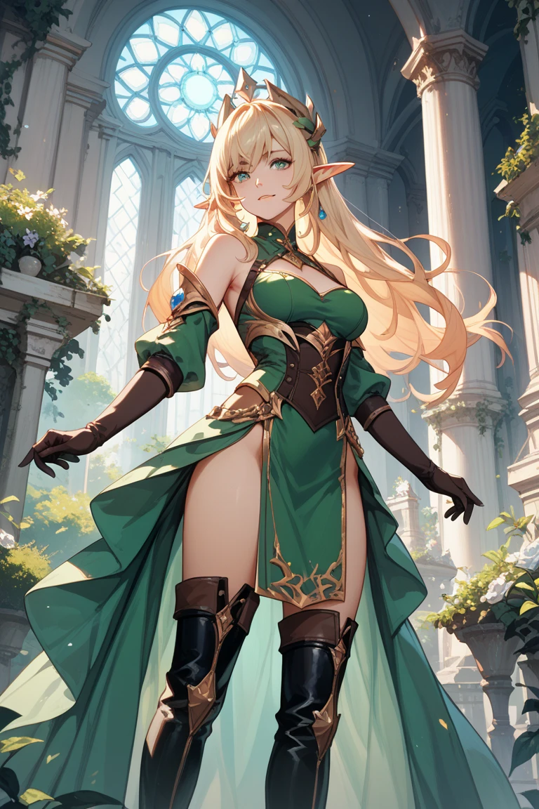 ((highest quality)),(ultra high resolution),(Super detailed),(detailed description),((best CG)),(best work of art),super precision art,amazing drawing art,(Fantasy art with precise details:1.5), (female elf:1.6),Finely detailed leather armor:1.7,elaborately crafted circlet:1.8, She stands by the riverside in the meadow where the wind is blowing, looking at you and smiling.。The soft sunlight surrounds her。